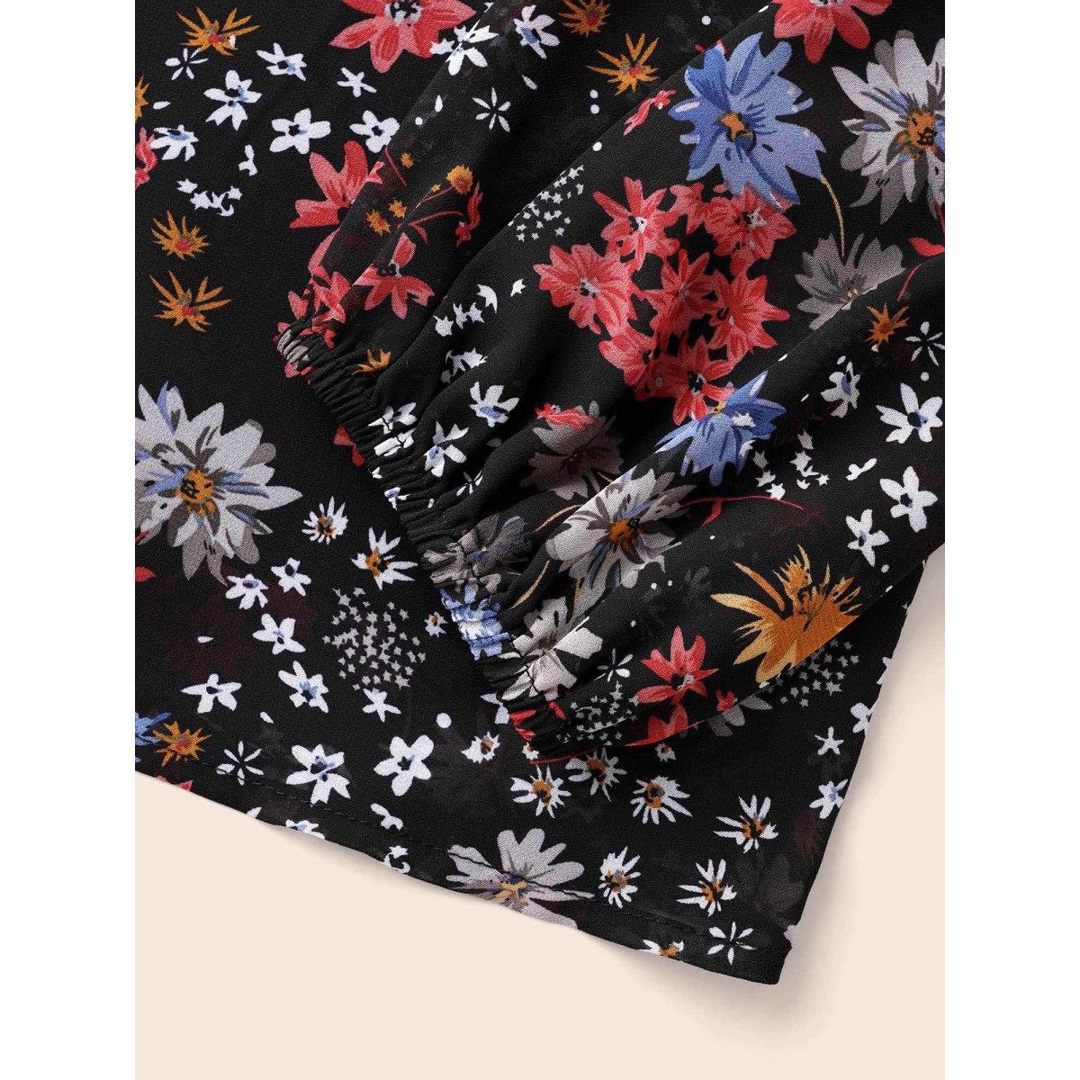 Plus Size Black Chiffon Floral Tie Knot Ruffle Trim Blouse Women Elegant Long Sleeve V-neck Everyday Blouses BloomChic 28/5X Product Image