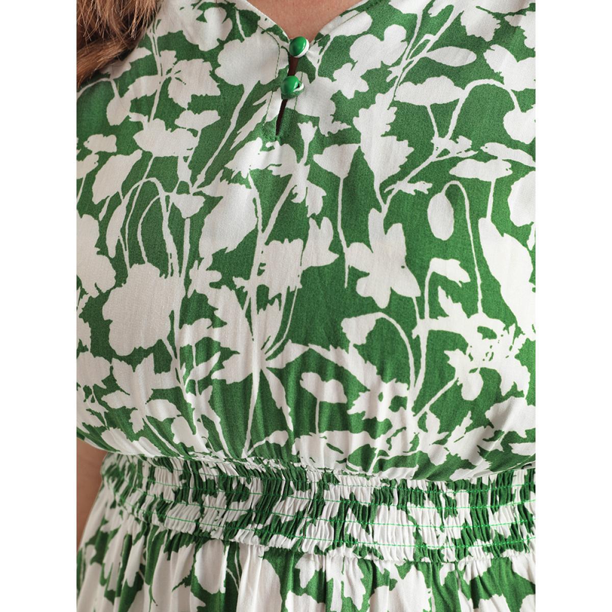 Plus Size Ditsy Floral Shirred Button Ruffles Knee Dress LightGreen Women Elegant Printed V-neck Short sleeve Curvy Knee Dress BloomChic 12/L Product Image