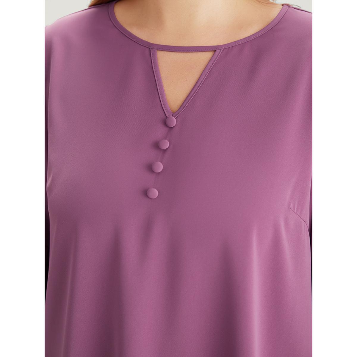 Plus Size Mauve Plain Keyhole Bell Sleeve Button Detail Blouse Women Office Elbow-length sleeve V-neck Work Blouses BloomChic 14-16/1X Product Image