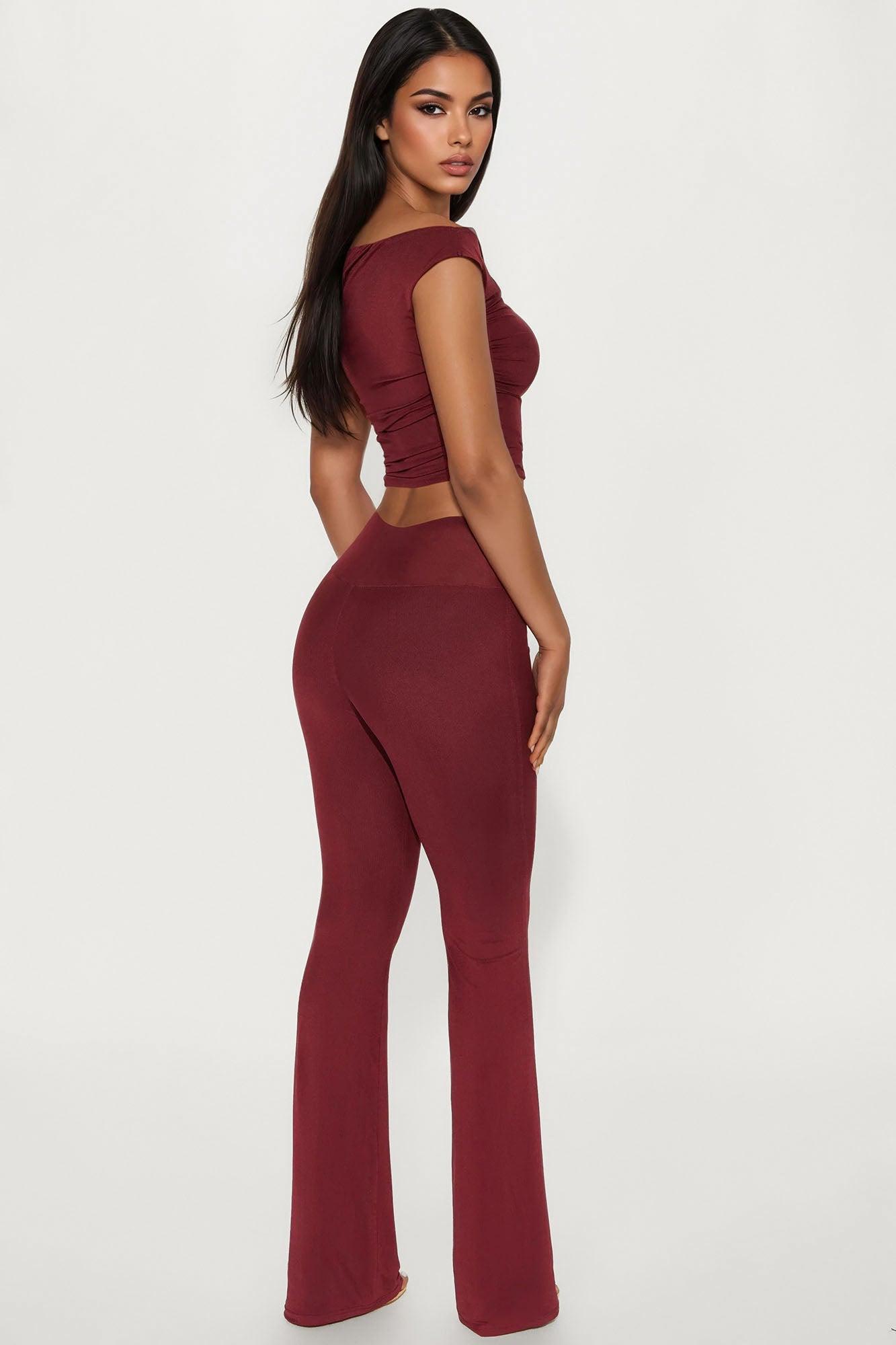 Emily Mesh Off The Shoulder Pant Set - Burgundy Product Image