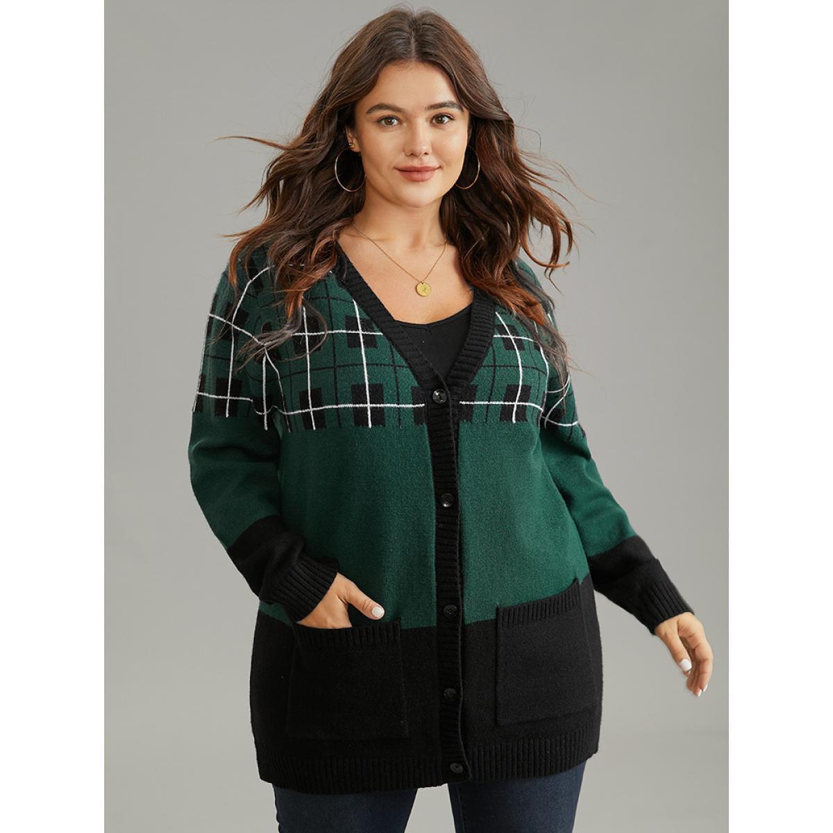 Plus Size Supersoft Essentials Plaid Geometric Contrast Pocket Cardigan DarkGreen Women Casual Loose Long Sleeve Dailywear Cardigans BloomChic 10/M Product Image