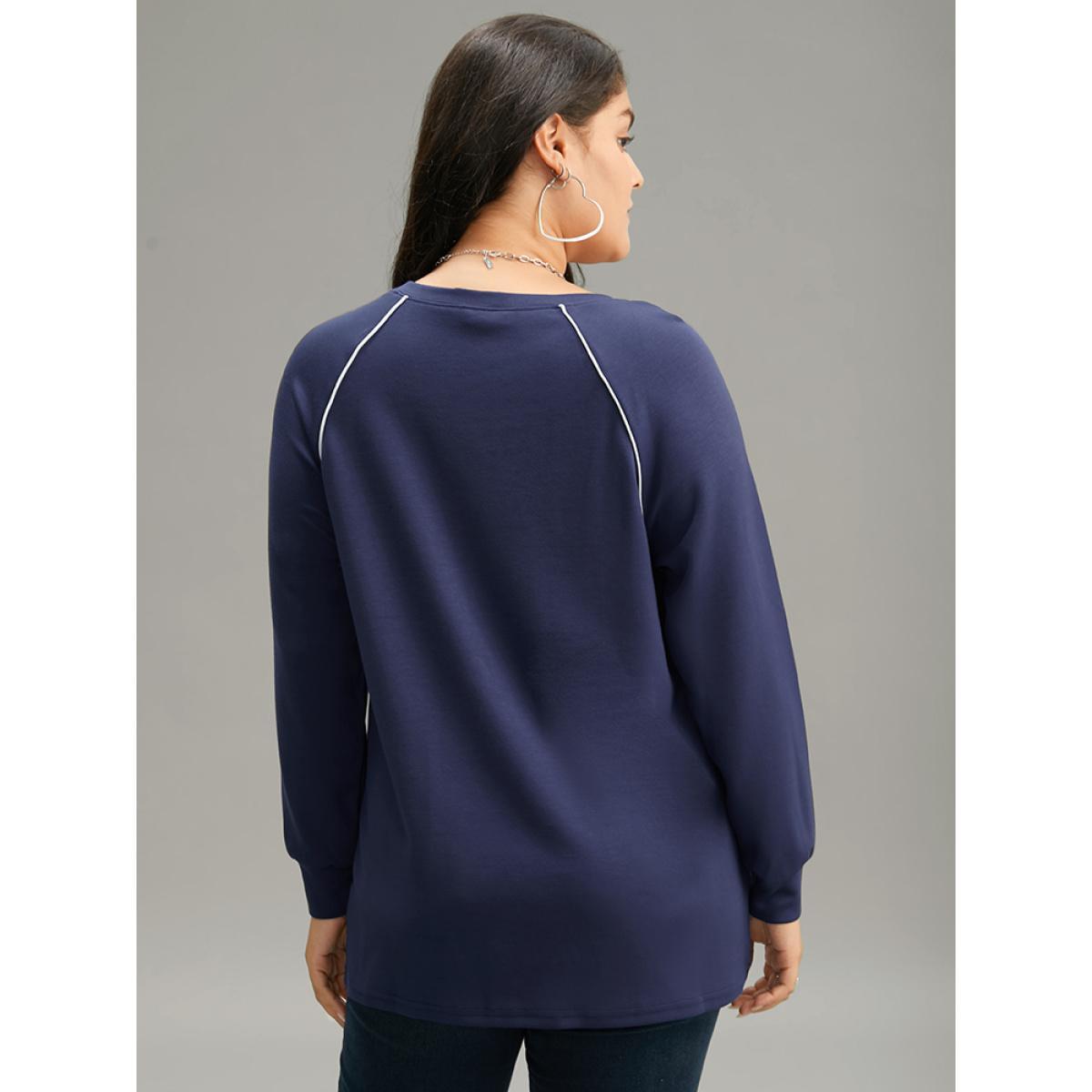 Plus Size Supersoft Essentials Contrast Trim Raglan Sleeve Sweatshirt Women DarkBlue Casual Elastic cuffs Round Neck Dailywear Sweatshirts BloomChic 30/6X Product Image