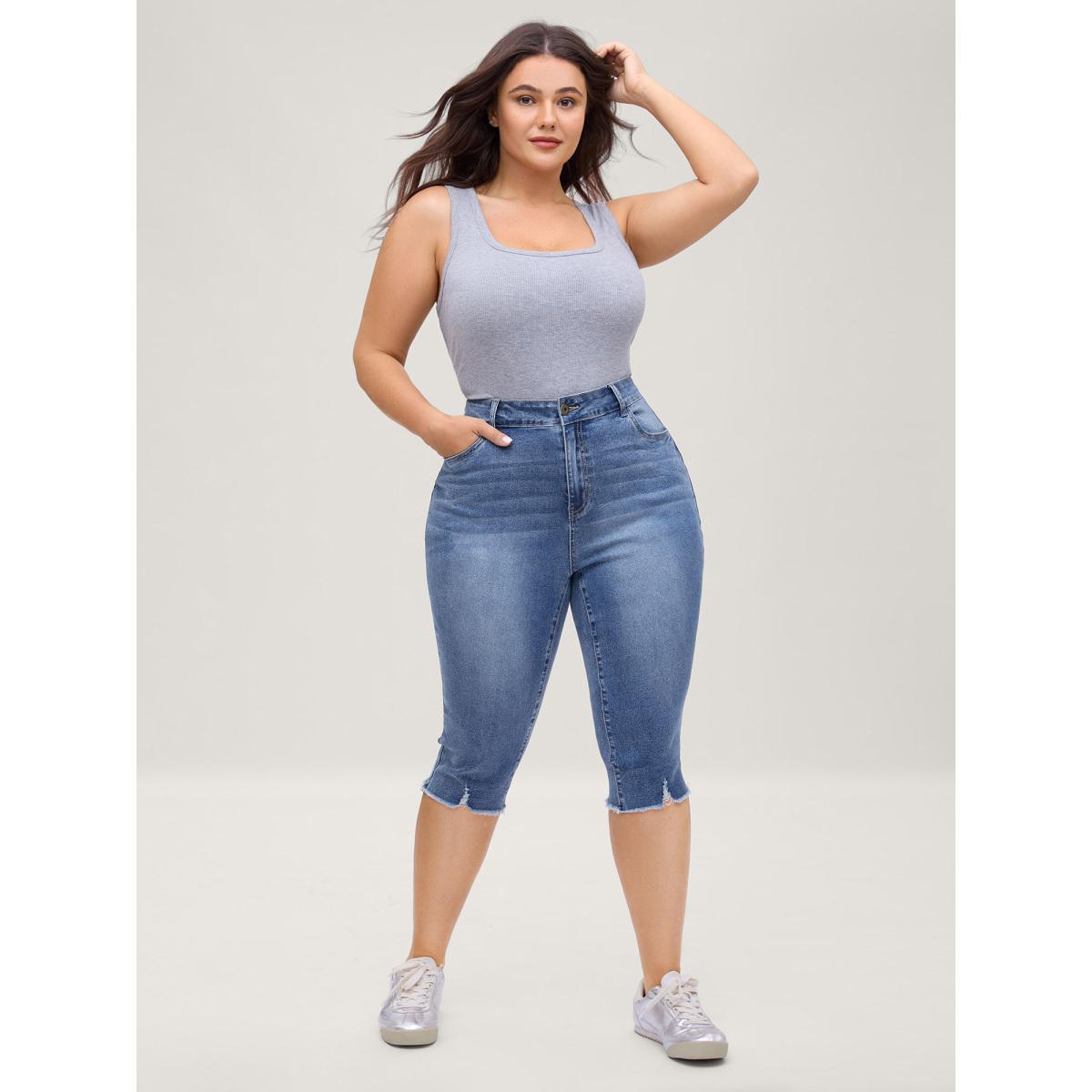 Plus Size No-Gap Waist Stretchy Faded Jeans Women Midblue Casual High stretch Slanted pocket Jeans BloomChic 10/M Product Image