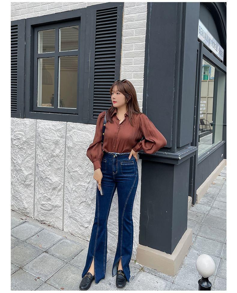 Plus Size High Waist Frayed Front-Slit Flared Jeans Product Image