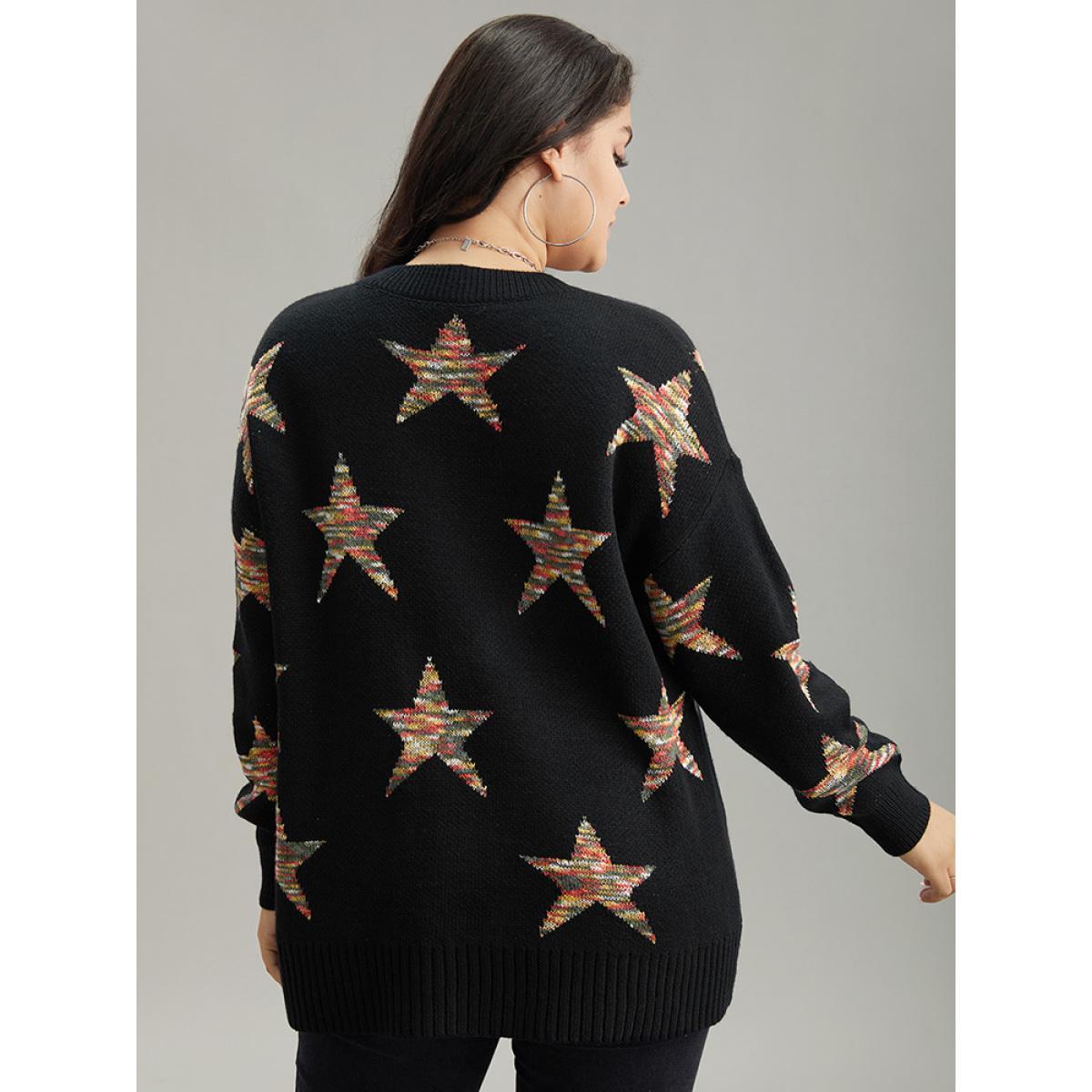 Plus Size Star Heather Elastic Cuffs Pullover Black Women Casual Loose Long Sleeve V-neck Dailywear Pullovers BloomChic 12/L Product Image