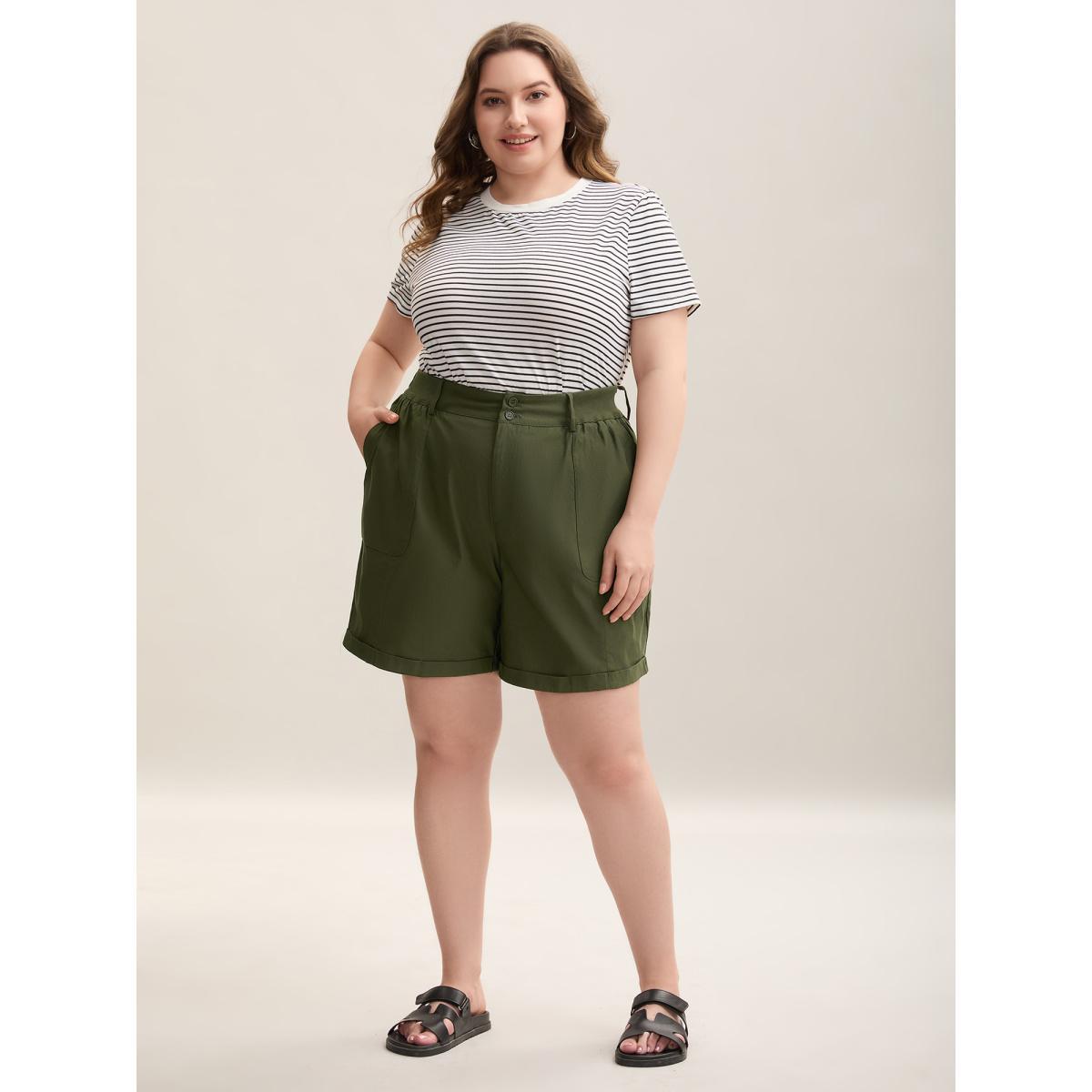 Plus Size Rolled Hem Spliced Everyday Shorts Women ArmyGreen Casual Patchwork Bodycon Everyday Shorts BloomChic 28/5X Product Image