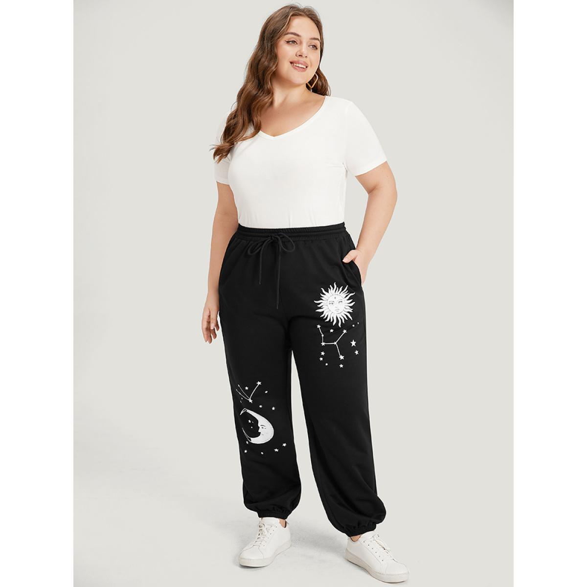 Moon and Star Print Pocket Drawstring Sweatpants Black Plus Size Women Casual Dailywear Plain 14-16/1X Bloomchic Product Image
