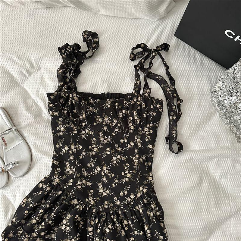 Tie Shoulder Floral Print Ruffle Mini A-Line Dress Product Image