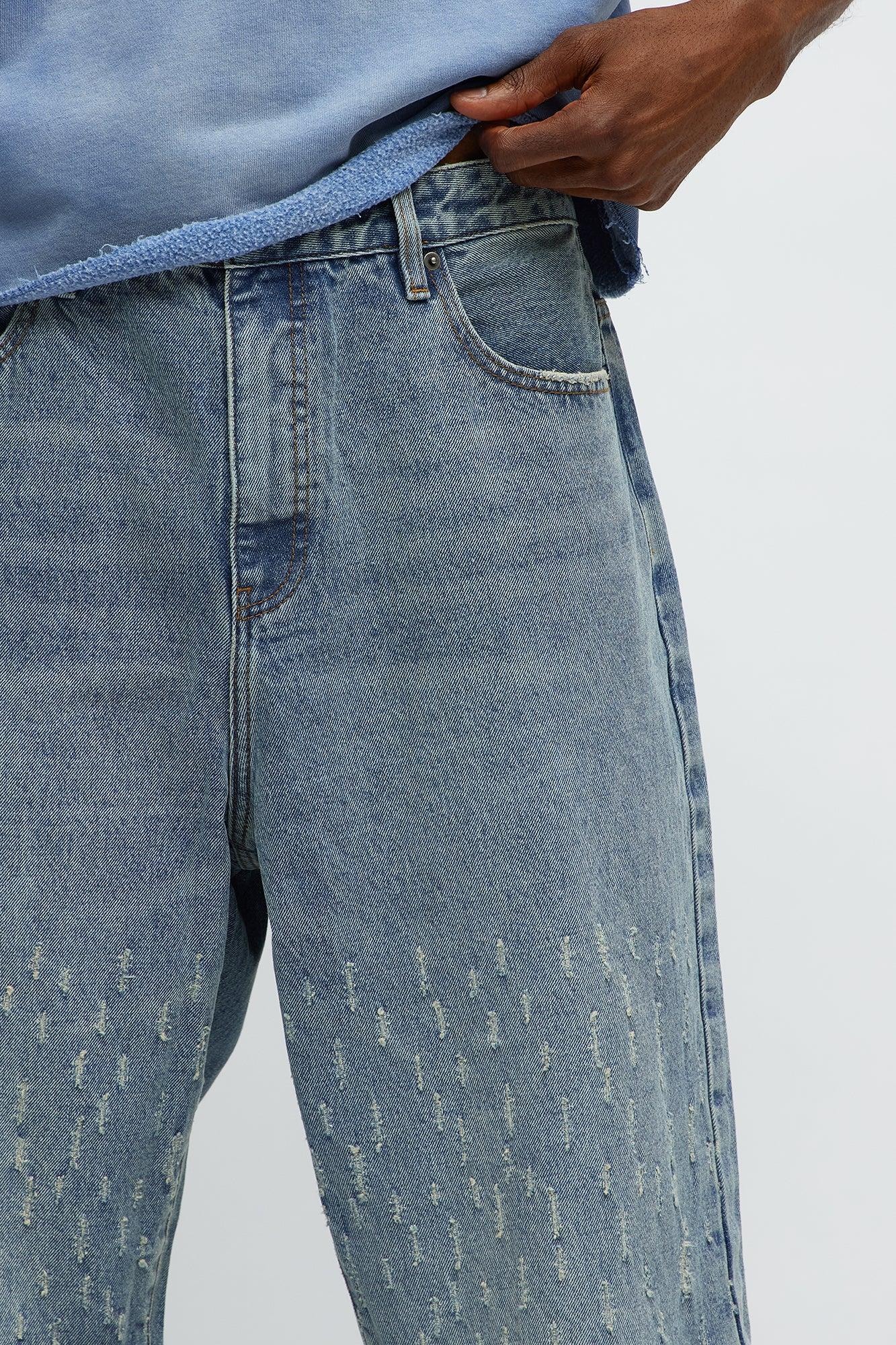 Baggy Scattered Distressed Jeans - Medium Blue Wash Product Image