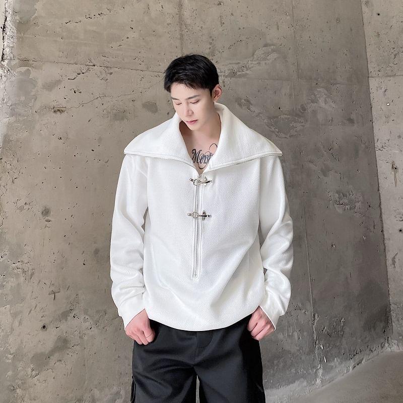 Stand Collar Plain Half Zip Buckle Sweatshirt Product Image