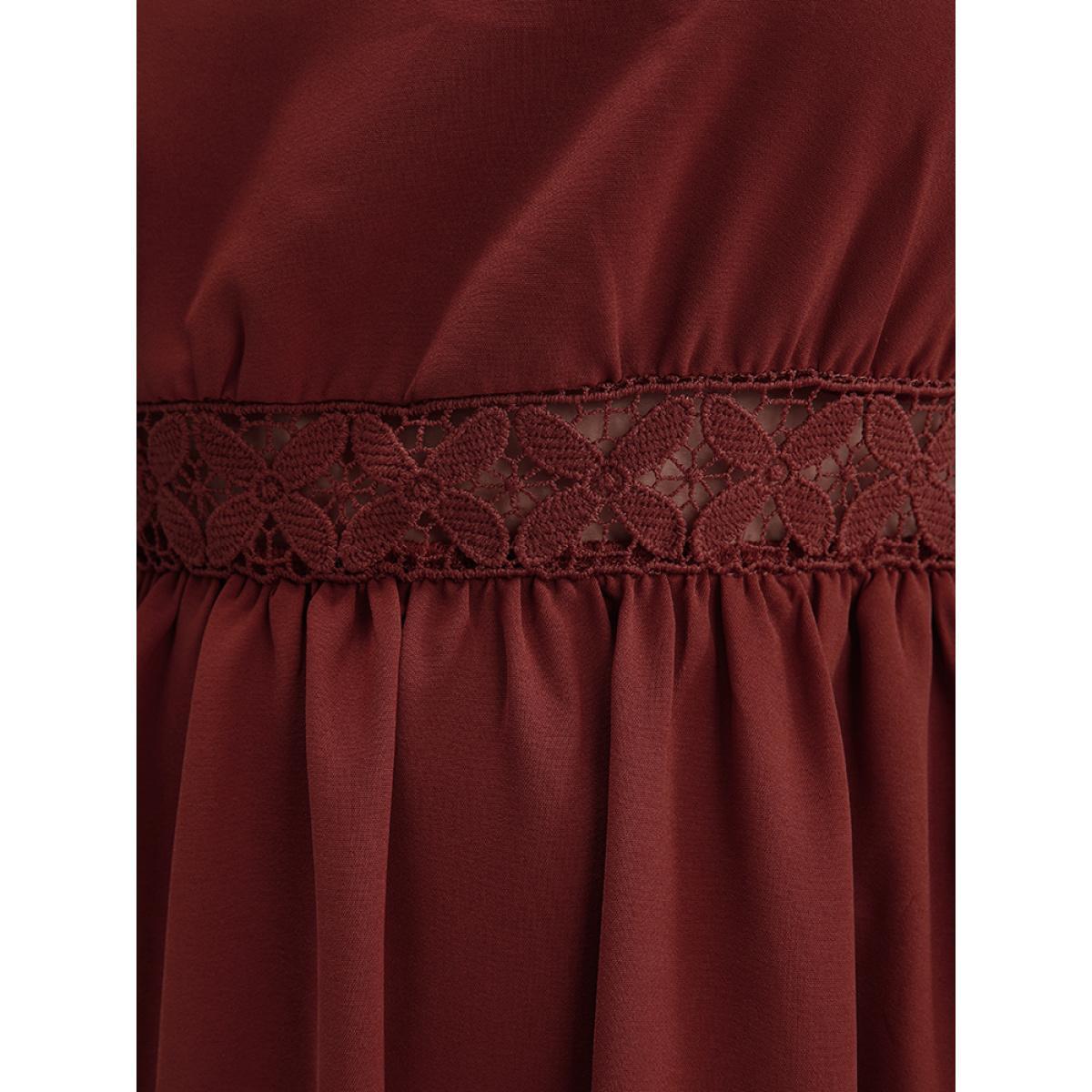 Plus Size Solid Pocket Lace Insert Lantern Sleeve Flutter Dress Scarlet Women Elegant V-neck Long Sleeve Curvy Midi Dress BloomChic 14-16/1X Product Image