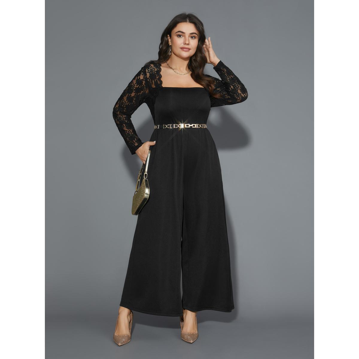 Plus Size Black Lace Mesh Sleeves Square Neck Jumpsuit Women Cocktail Long Sleeve Square Neck Party Loose Jumpsuits BloomChic 10/M Product Image