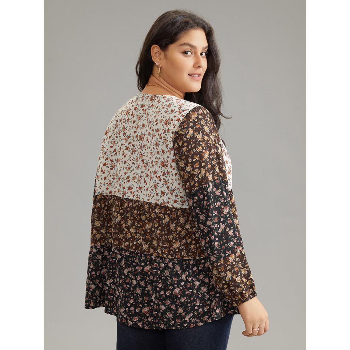 Plus Size Multicolor Ditsy Floral Contrast Patchwork Blouse Women Elegant Long Sleeve V-neck Dailywear Blouses BloomChic 14-16/1X Product Image