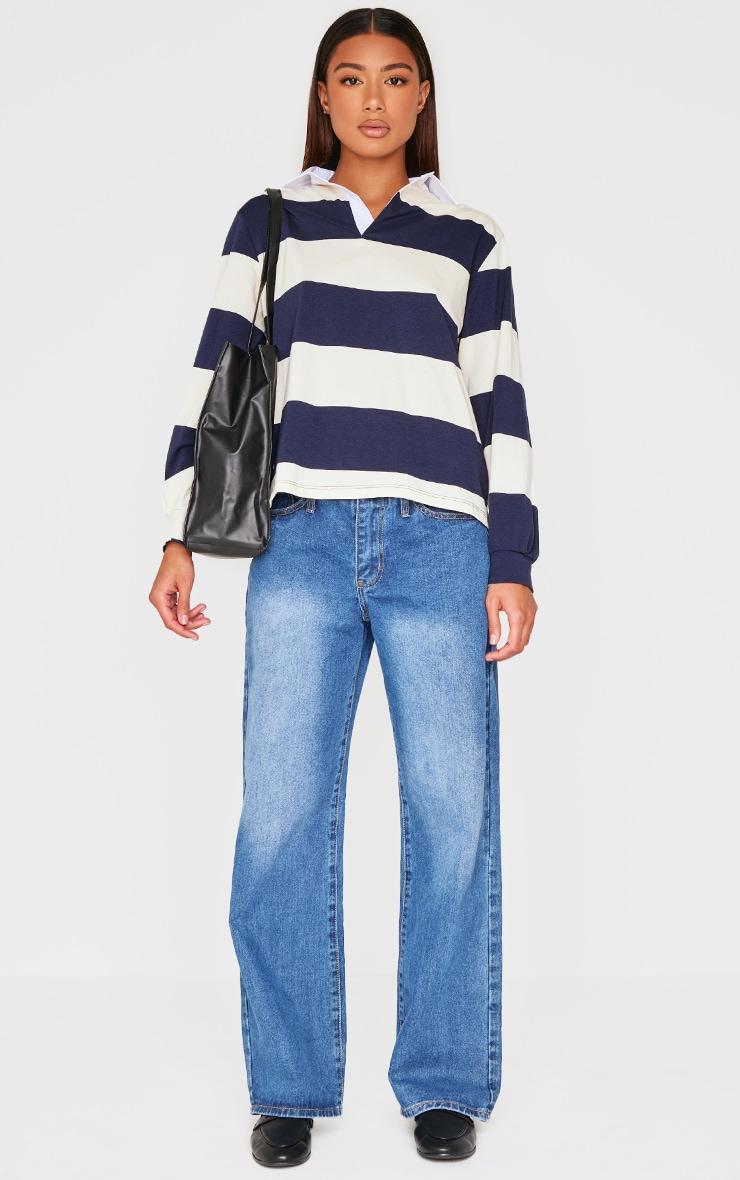 Navy Striped Collar Detail Long Sleeve T Shirt Product Image