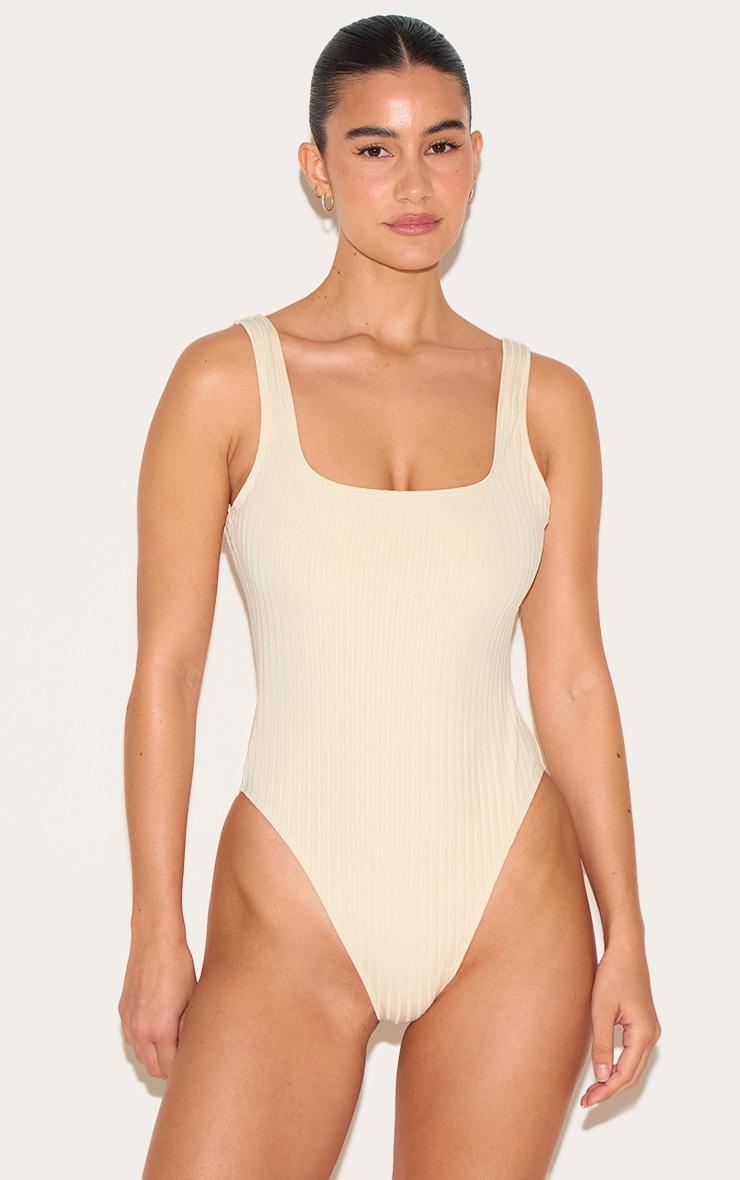 Cream Textured Stripe Scoop Swimsuit Product Image