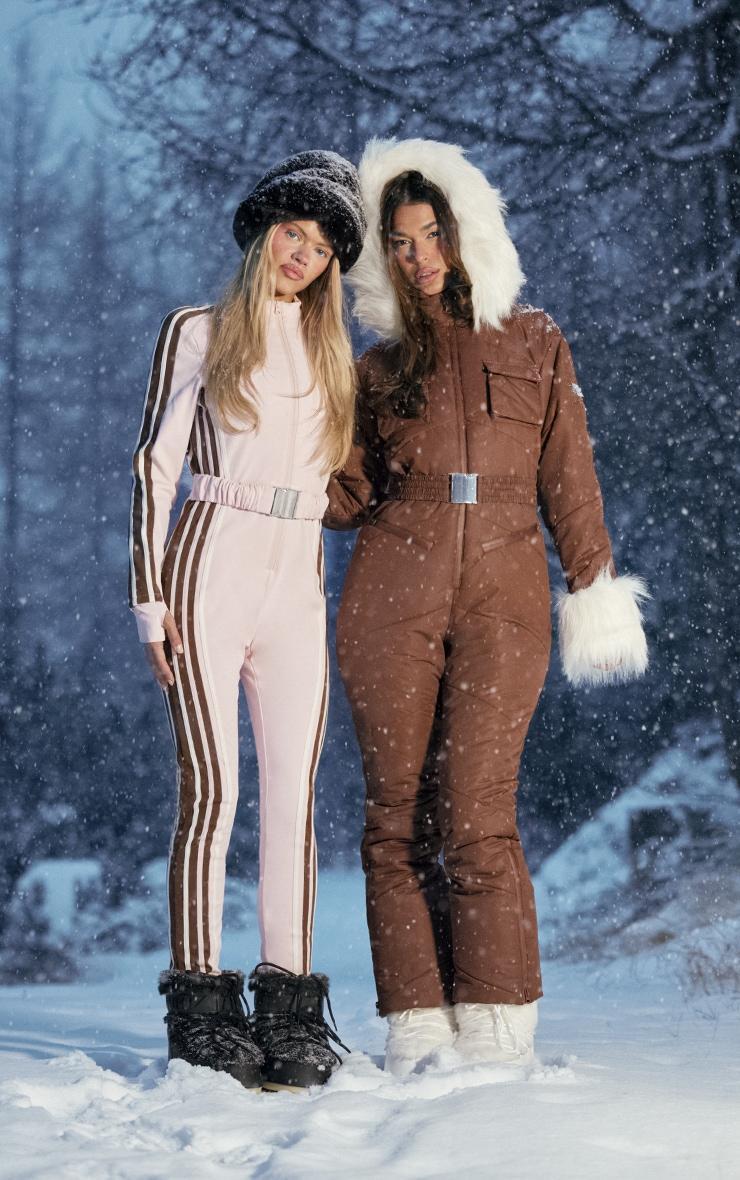 PRETTYLITTLETHING SKI Tobacco Faux Fur Trim Heart Detail Belted Snow Suit Product Image