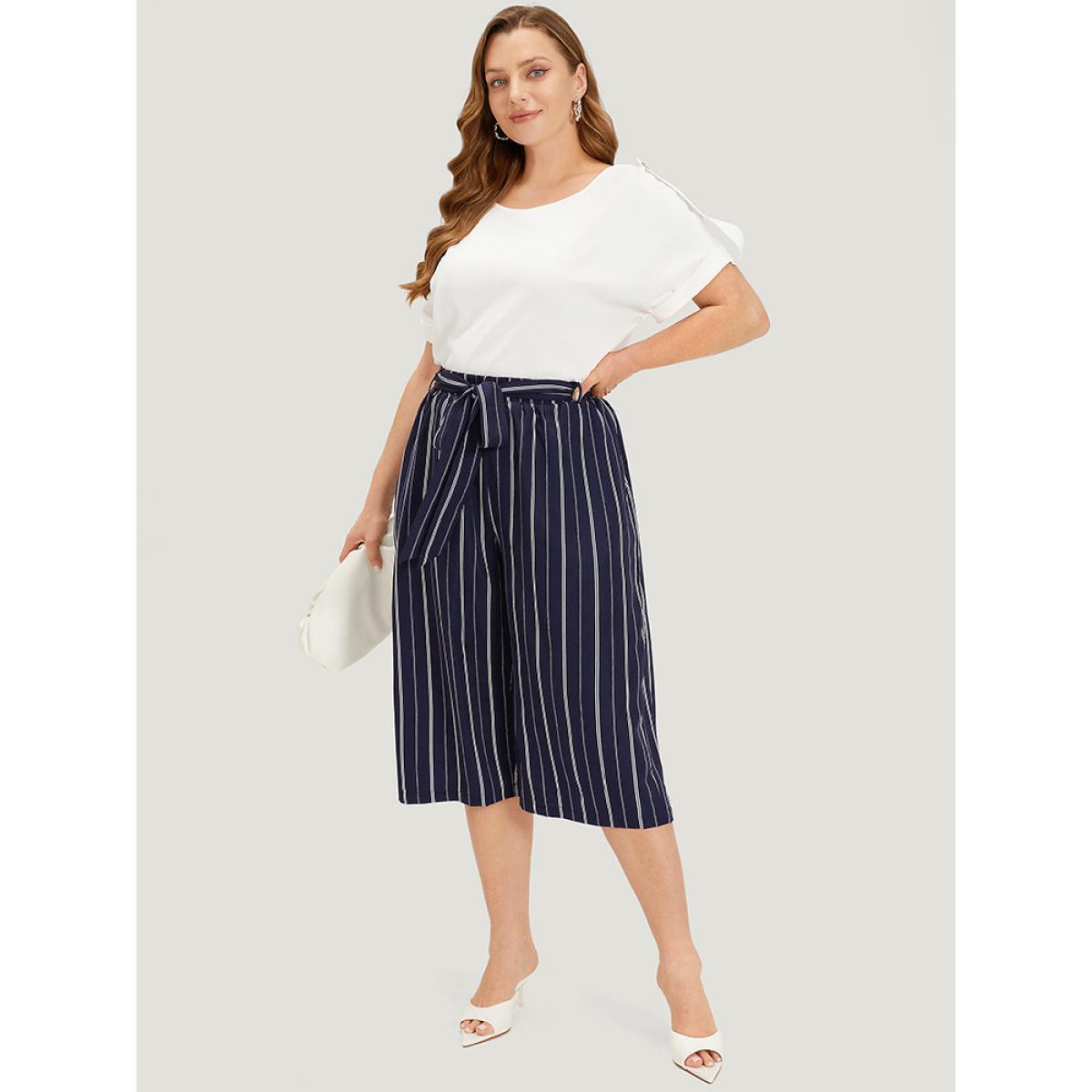 Plus Size Striped Belted Pocket High Rise Cropped Pants Women Indigo Office Straight Leg High Rise Work Pants BloomChic 18-20/2X Product Image