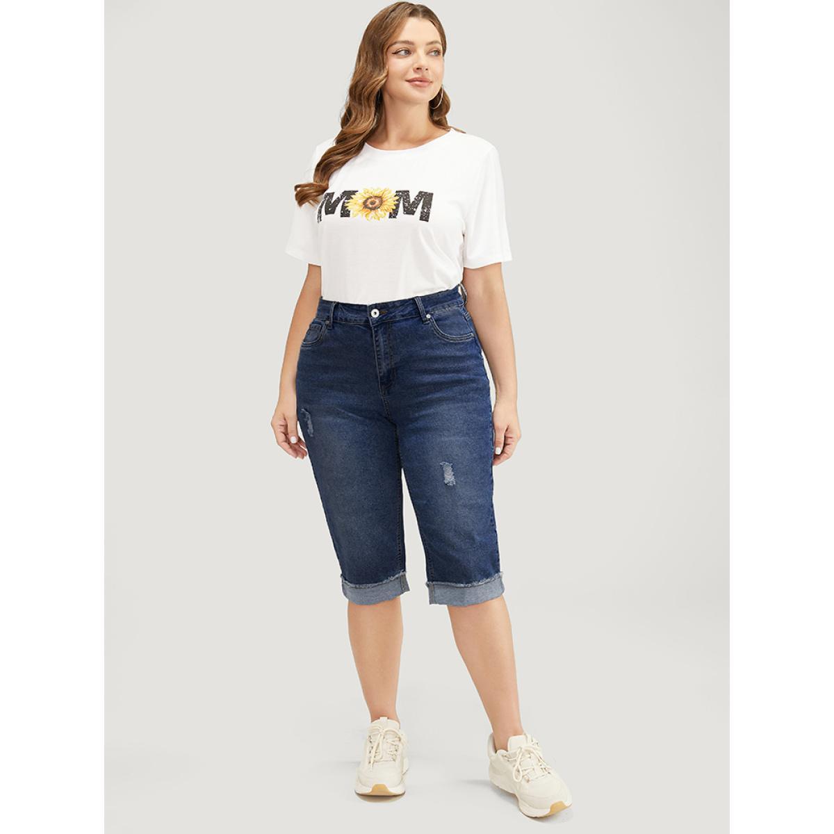 Plus Size Moderately Stretchy Roll Hem Ripped Knee Denim Shorts Women DarkBlue Casual Plain Medium stretch Slanted pocket Jeans BloomChic 24/3X Product Image