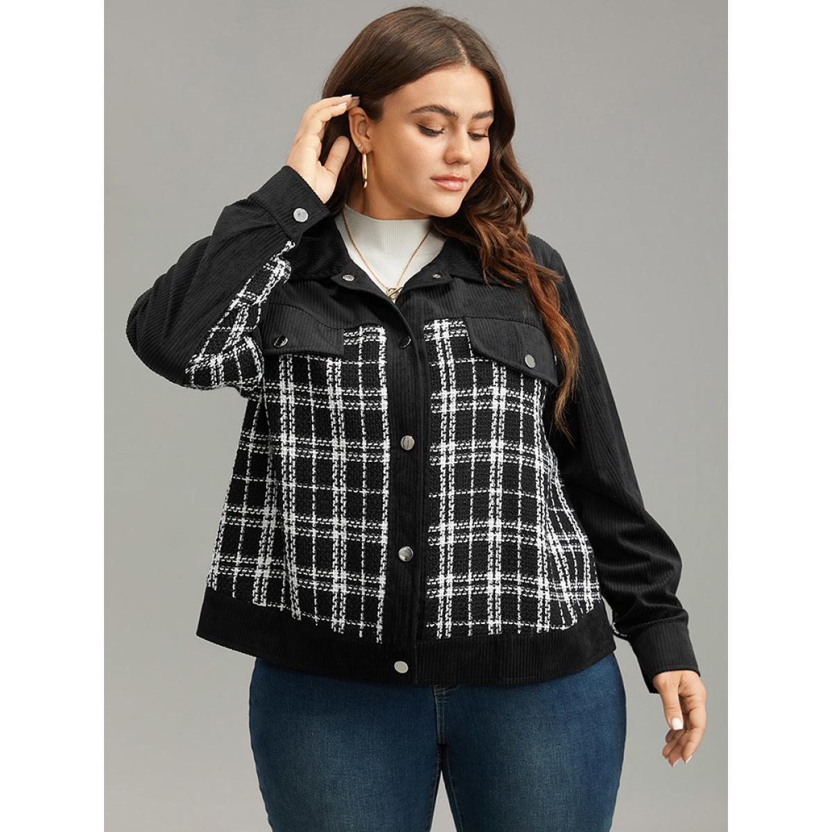 Plus Size Plaid Metal Detail Patchwork Shacket Women Black Elegant Texture Ladies Everyday Winter Coats BloomChic 14-16/1X Product Image