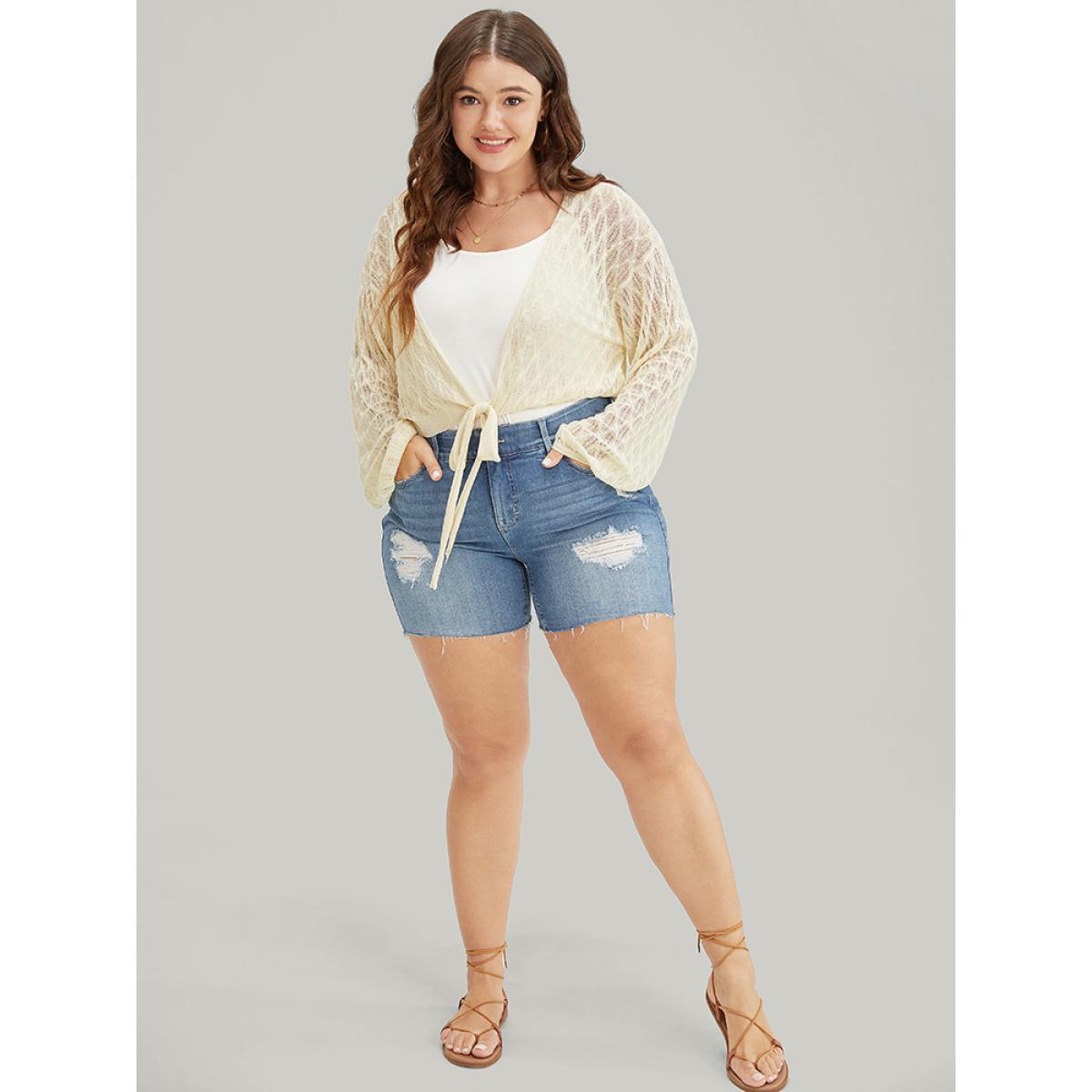 Plus Size Plain Argyle Eyelet Knotted Open Front Cardigan Beige Women Vacation Long Sleeve Going out Cardigans BloomChic 22-24/3X Product Image