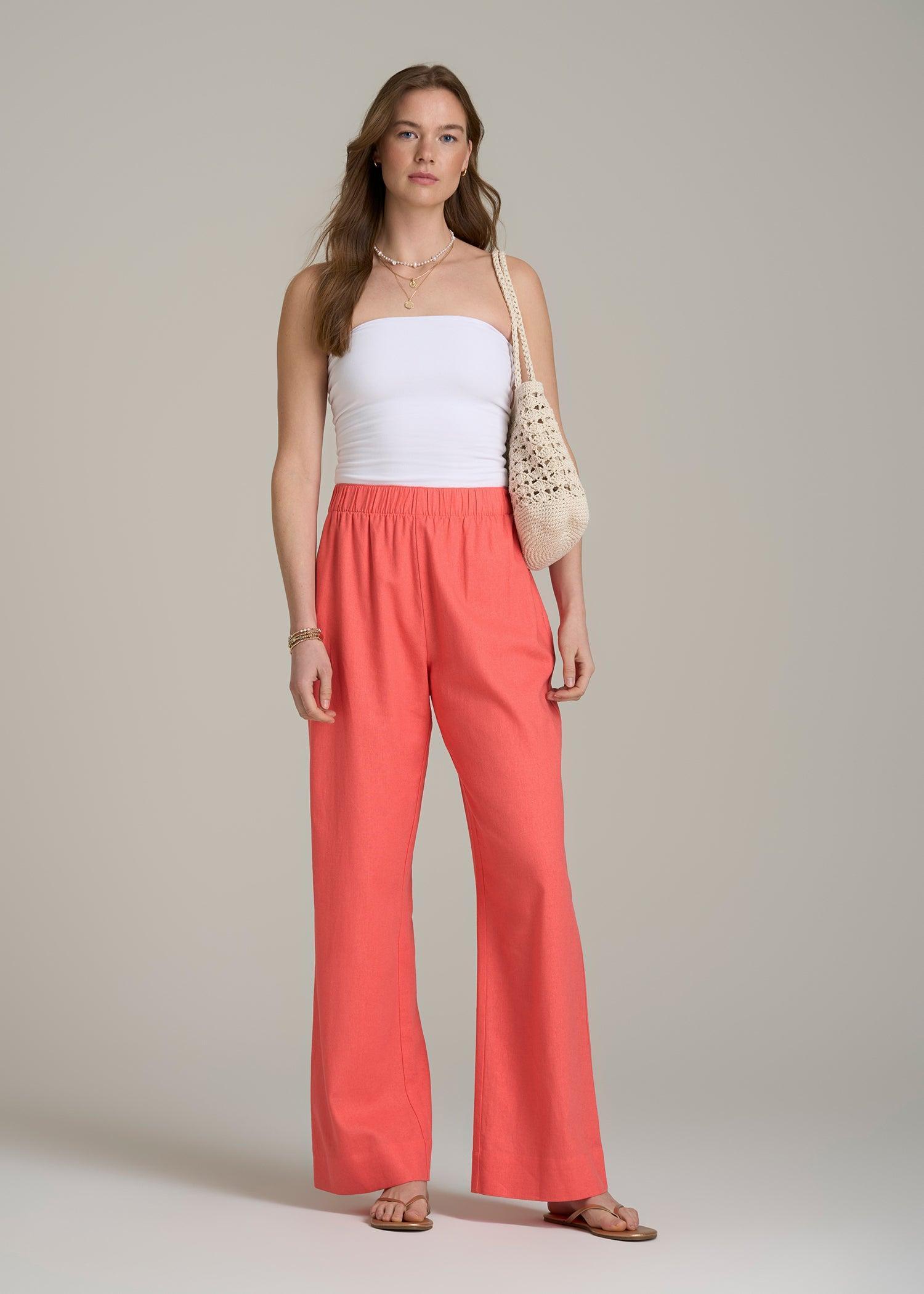 Pull On Wide Leg Linen Pants for Tall Women in Sunset Coral Product Image