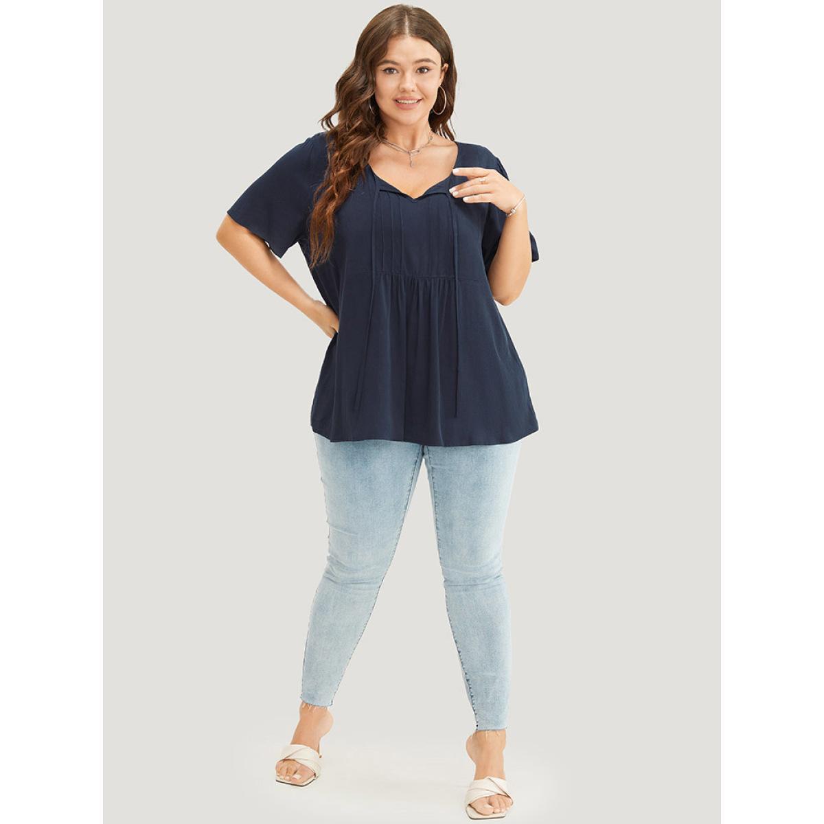 Plus Size Indigo Solid Pleated Detail Tie Neck Ruffle Blouse Women Office Short sleeve Tie Neck Dailywear Blouses BloomChic 22-24/3X Product Image