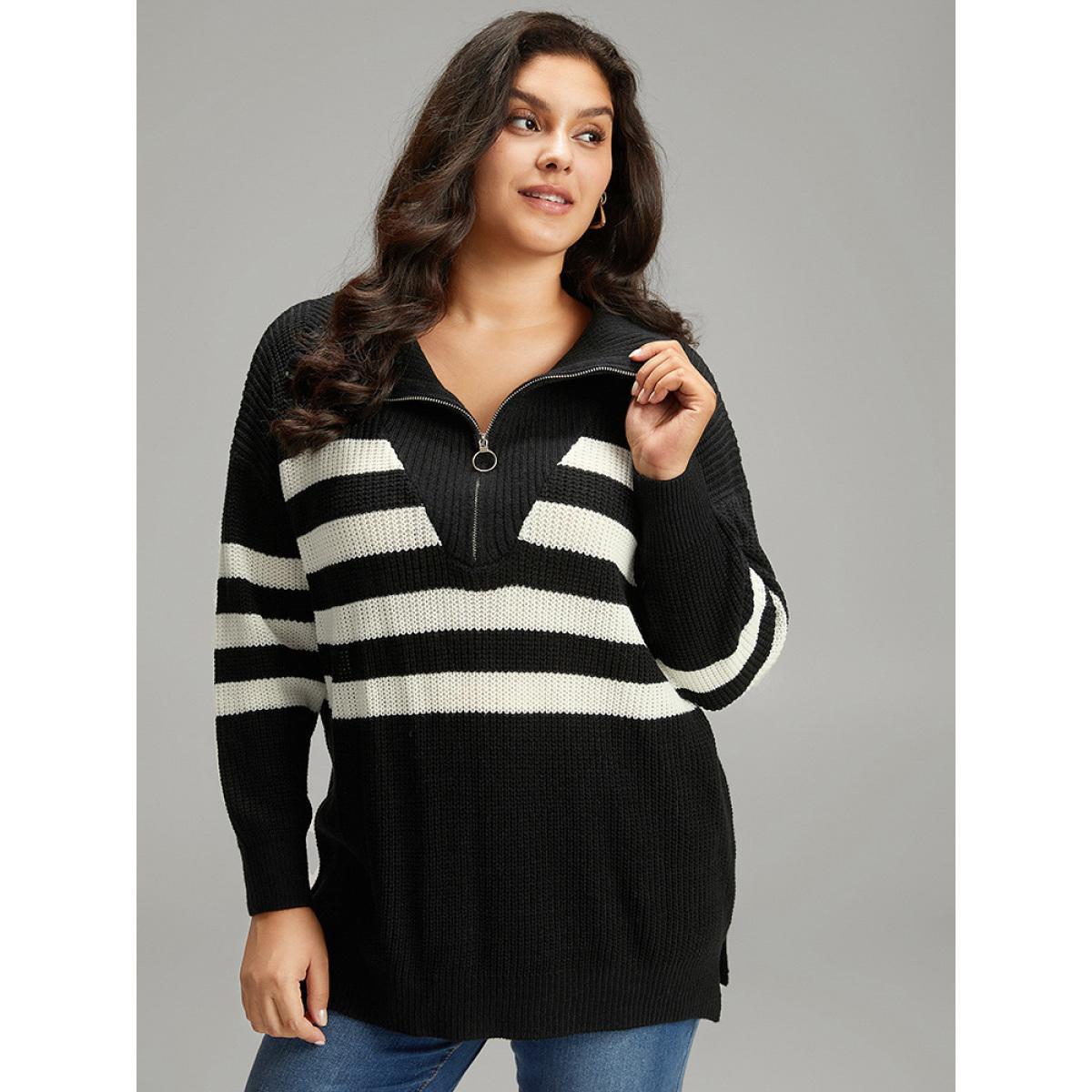 Plus Size Striped Zipper Lapel Collar Drop Shoulder Pullover Black Women Casual Loose Long Sleeve Lapel Collar Dailywear Pullovers BloomChic 28/5X Product Image