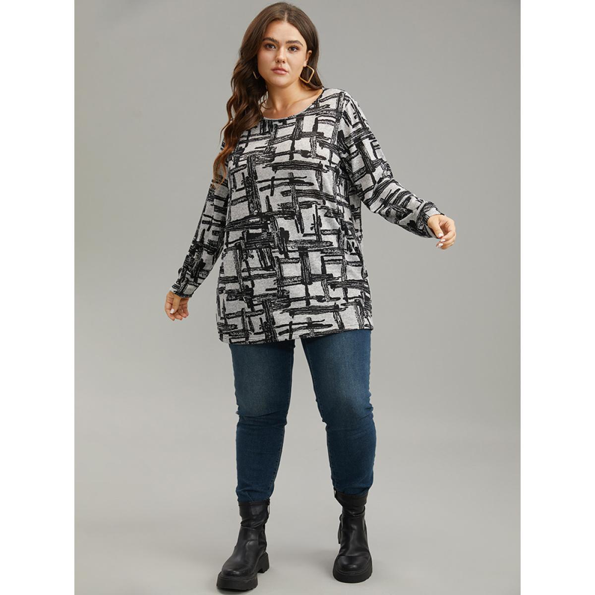 Plus Size Plaid Graffiti Round Neck T-shirt DimGray Women Casual Printed Graffiti Round Neck Dailywear T-shirts BloomChic 10/M Product Image