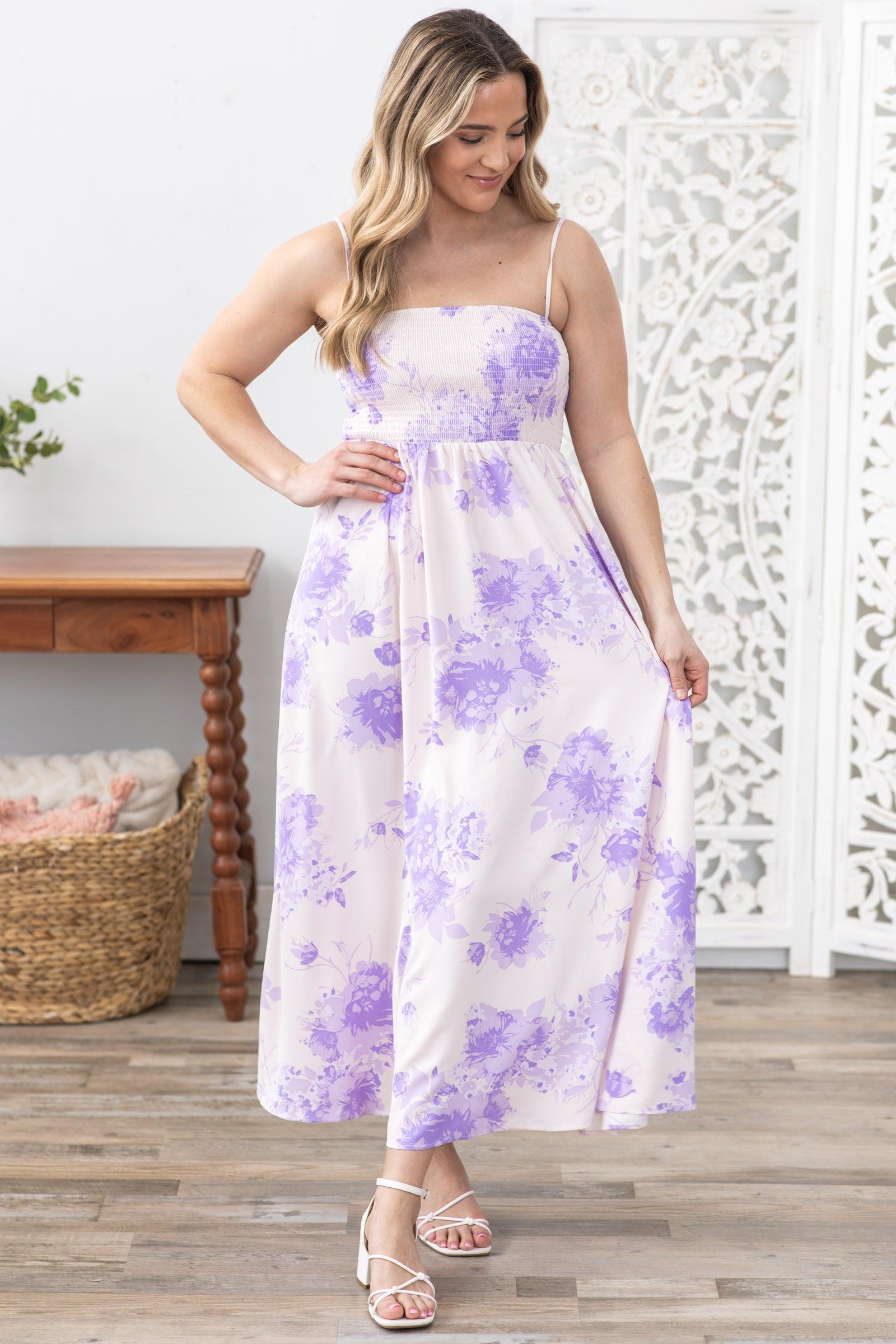Lavender Floral Smocked Bodice Maxi Dress Product Image