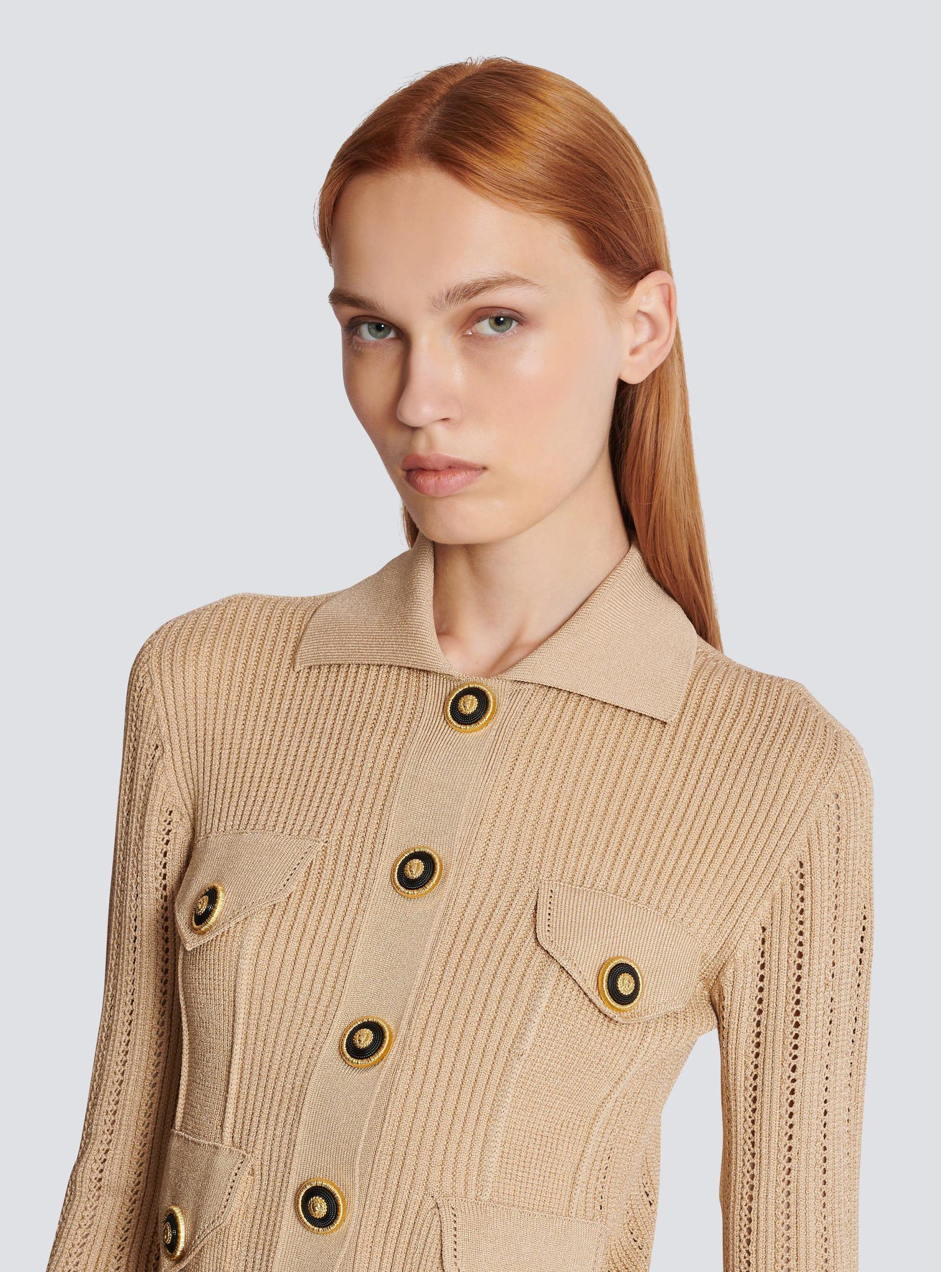 Cropped ribbed knit cardigan with openwork details Product Image