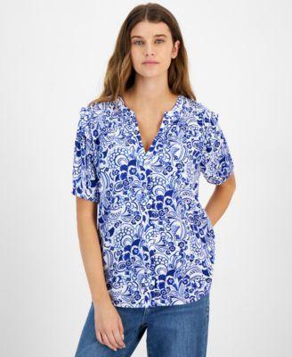 Tommy Hilfiger Short Sleeve Fountain Smocked Yoke Top (Ivory/Scarlet) Women's Clothing Product Image