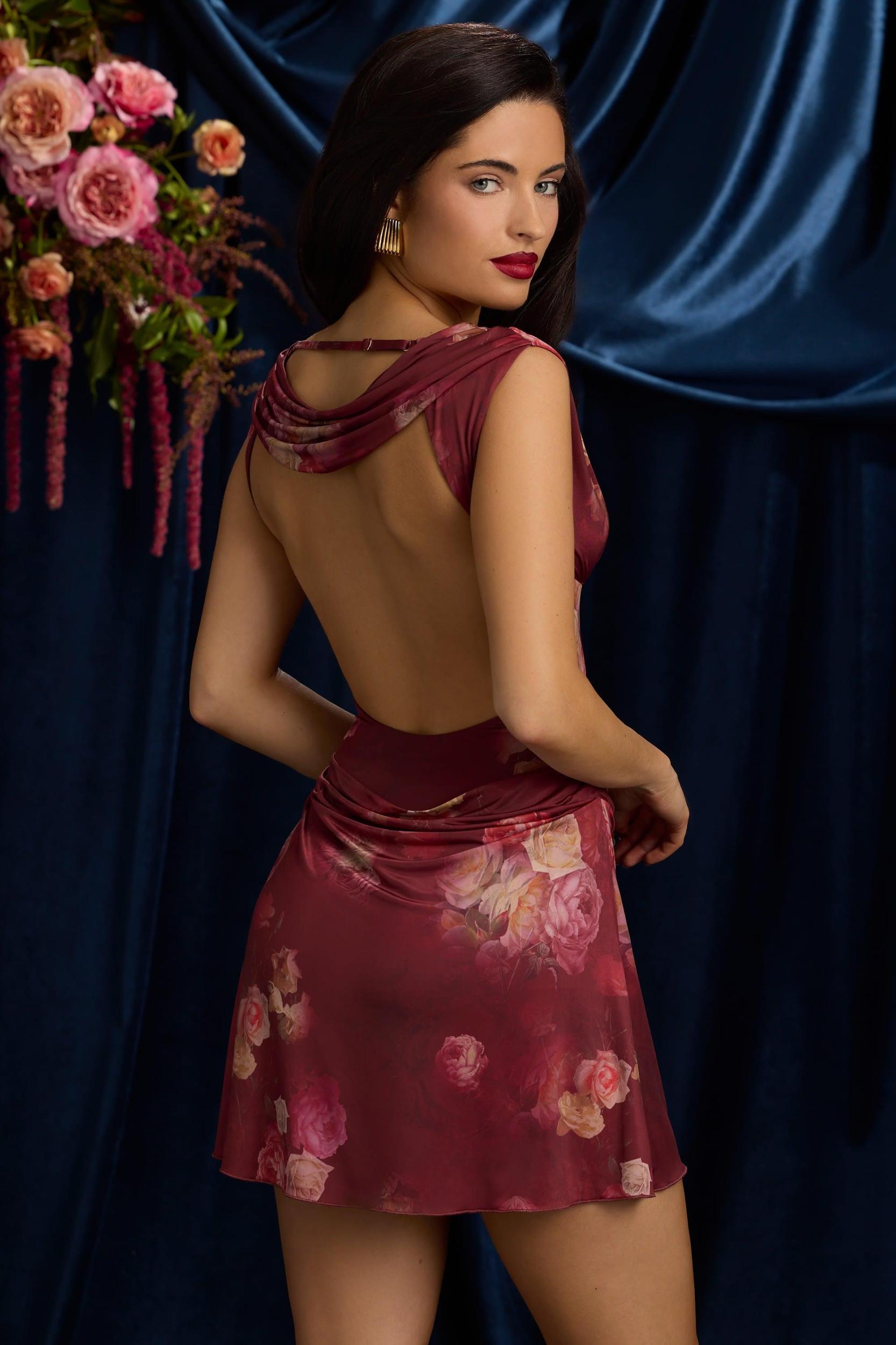Draped Open-Back A-Line Mini Dress in Maroon Floral Print Product Image