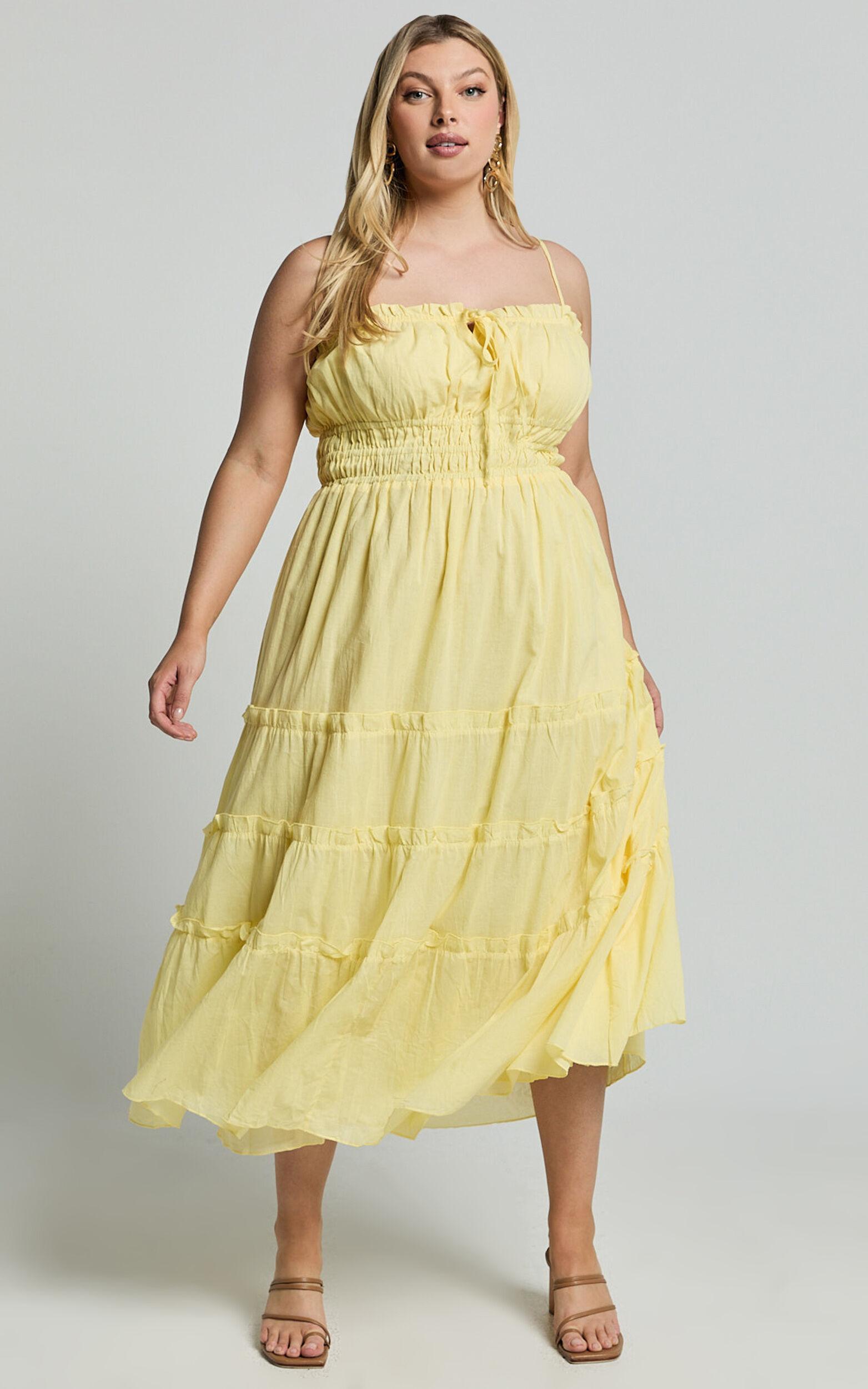 Schiffer Midi Dress - Strappy Ruched Tie Front Tiered Dress in Yellow Product Image