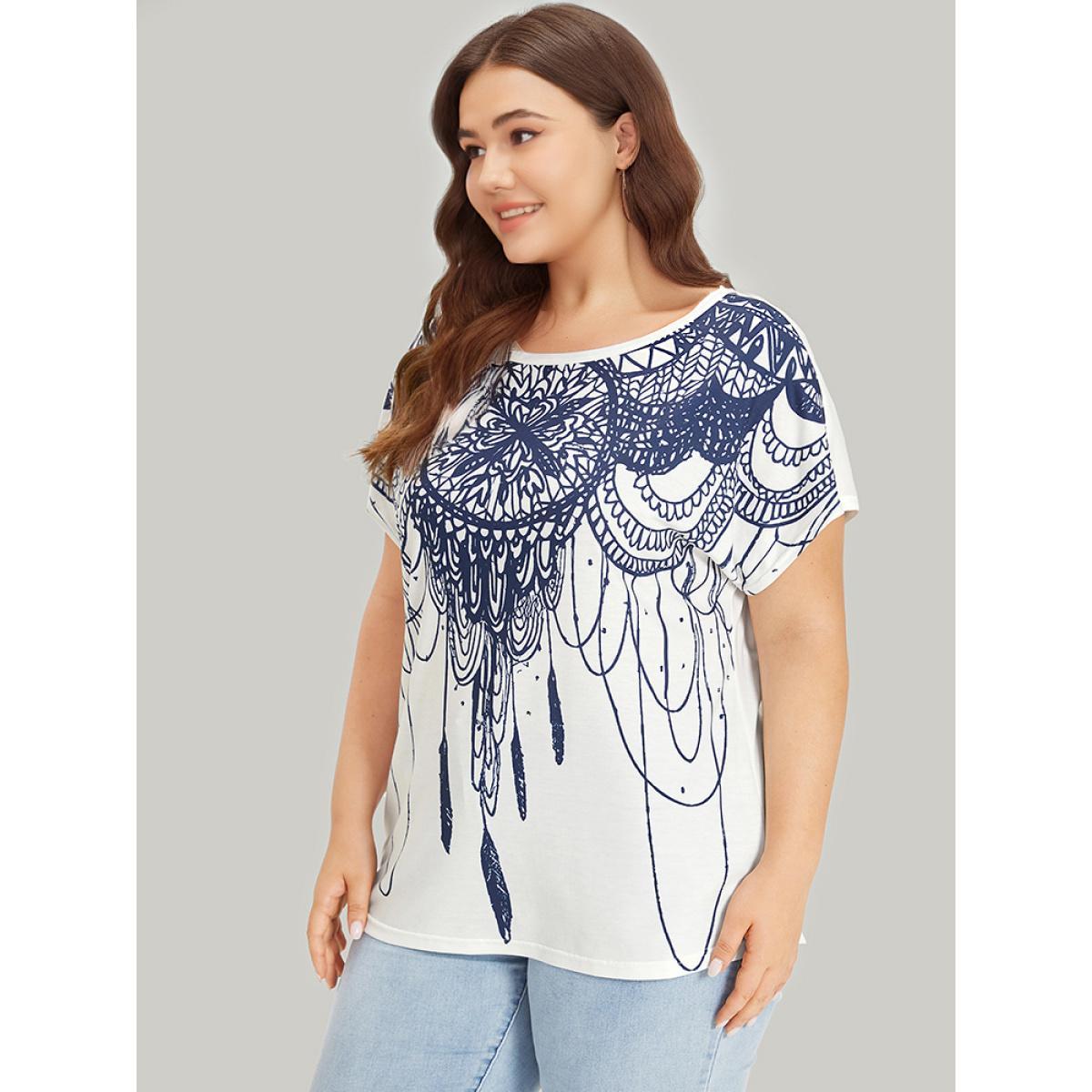Plus Size Boho Print Batwing Sleeve Crew Neck T-shirt Multicolor Women Casual Printed Bohemian Print Round Neck Dailywear T-shirts BloomChic 22-24/3X Product Image