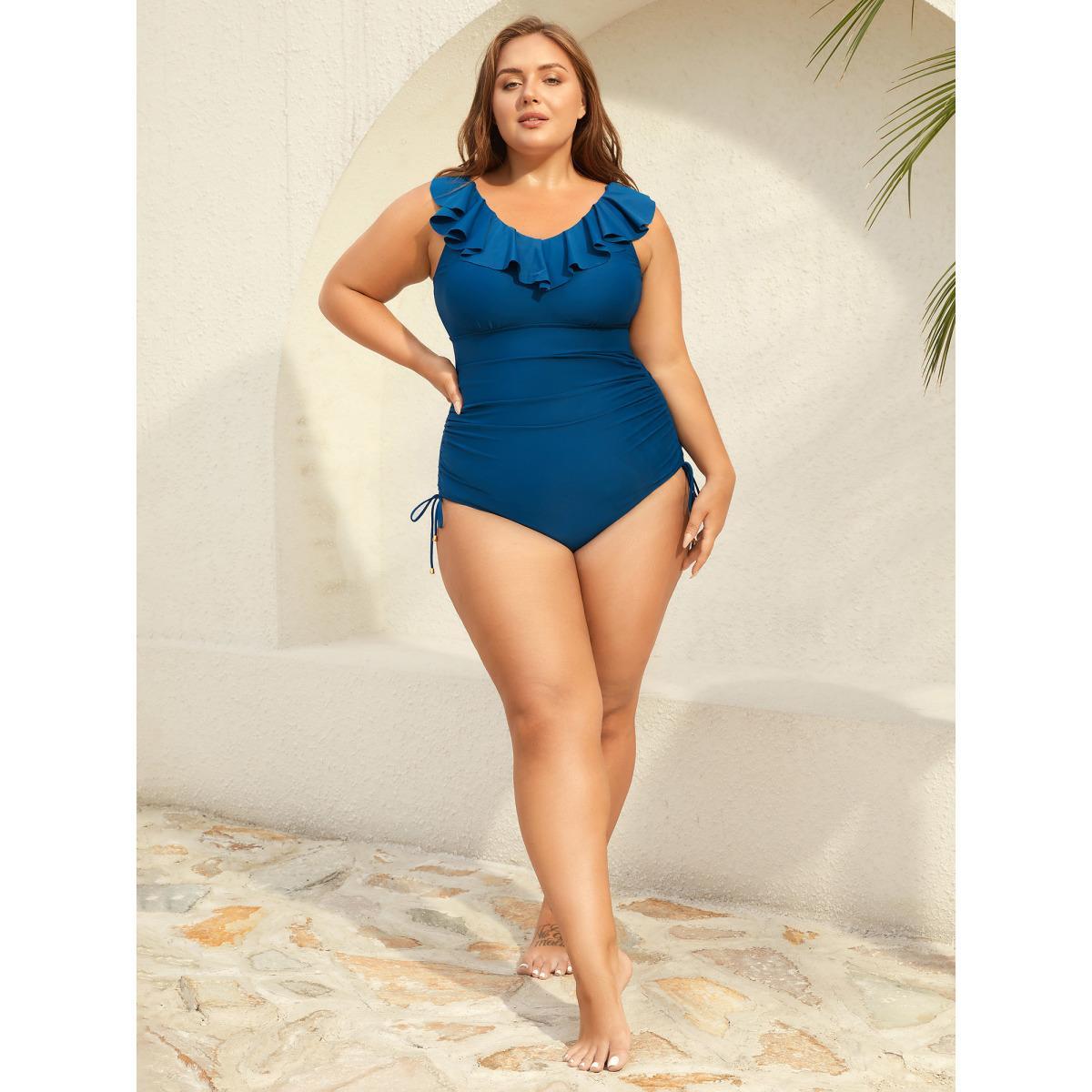 Plus Size Lotus Leaf Edge Drawstring One-Piece Swimsuit Women's Swimwear Aegean Beach Drawstring Curve Bathing Suits High stretch One Pieces BloomChic 14-16/1X Product Image