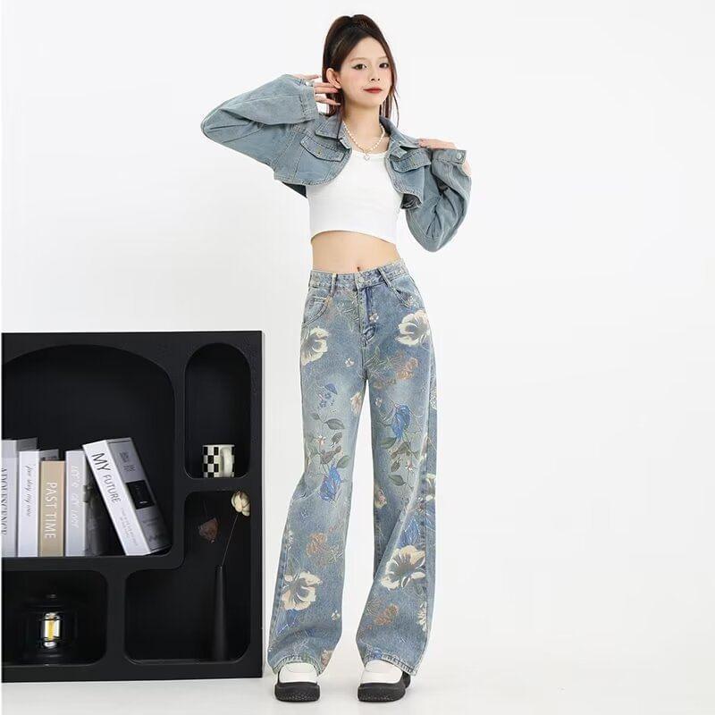 High Rise Floral Print Washed Loose Fit Jeans Product Image