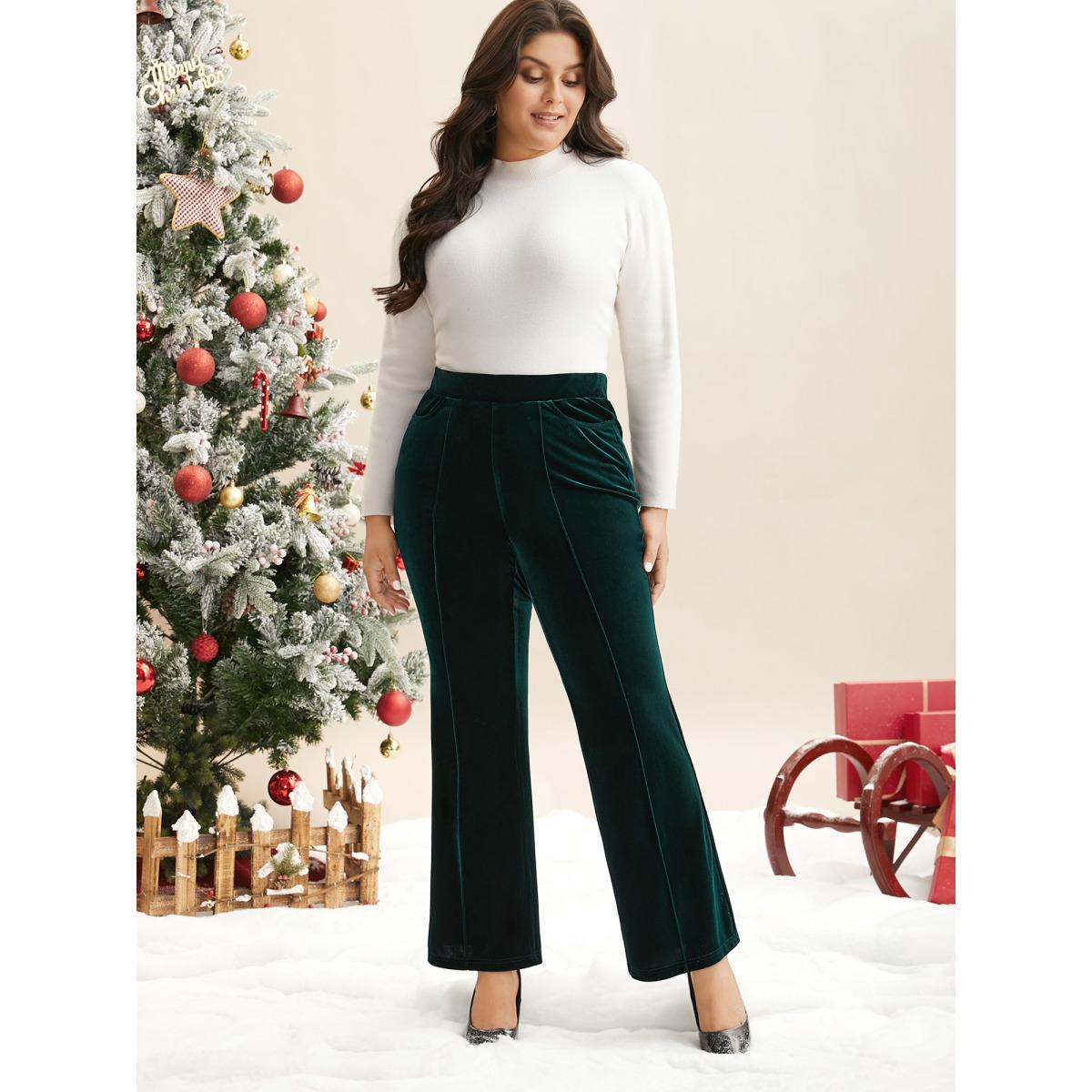 Plus Size Velvet Mid Rise Flared Pants Women DarkGreen Elegant Bootcut Mid Rise Everyday Pants BloomChic 12/L Product Image