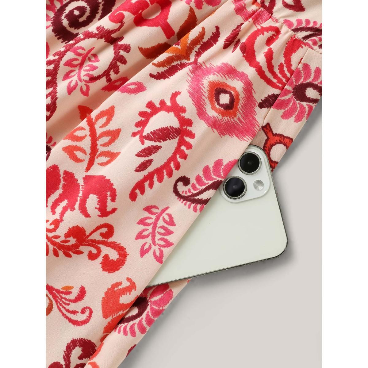 Plus Size Sweet Florals Notched Collar Midi Dress OrangeRed Women Gathered Flat collar Short sleeve Curvy BloomChic 12/L Product Image