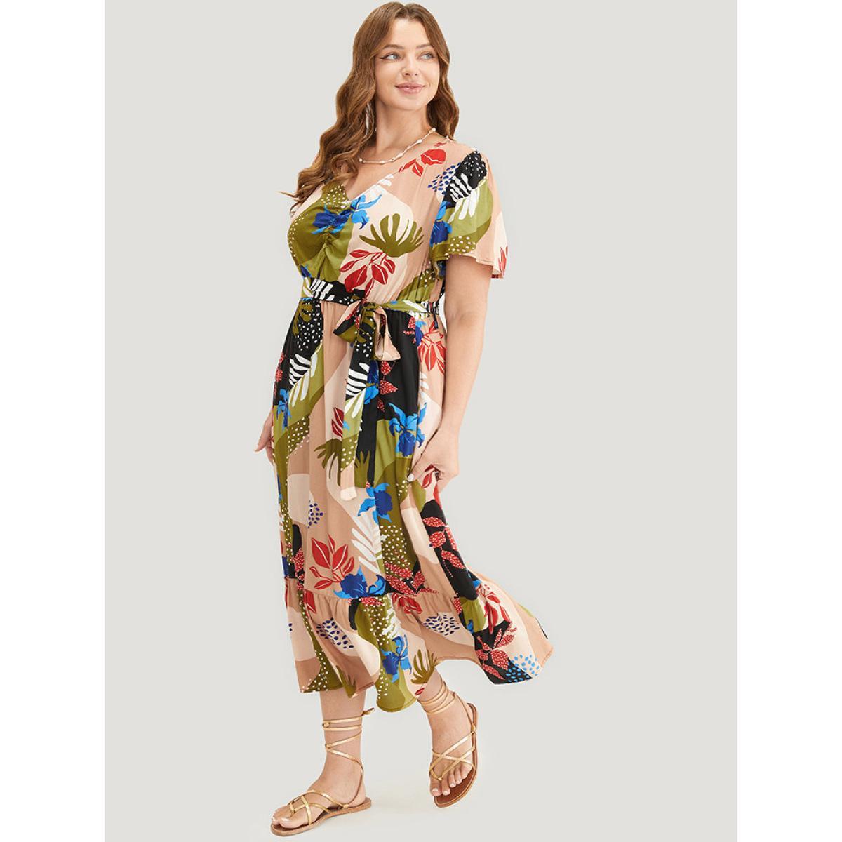 Plus Size Tropical Print Ruched Front Belt Pocket Flutter Hem Dress Multicolor Women Vacation Gathered V-neck Short sleeve Curvy Midi Dress BloomChic 28/5X Product Image