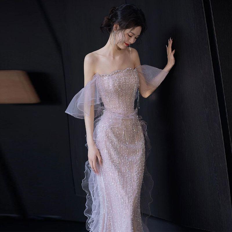 Off Shoulder Ruffle Trim Mermaid Evening Gown Product Image