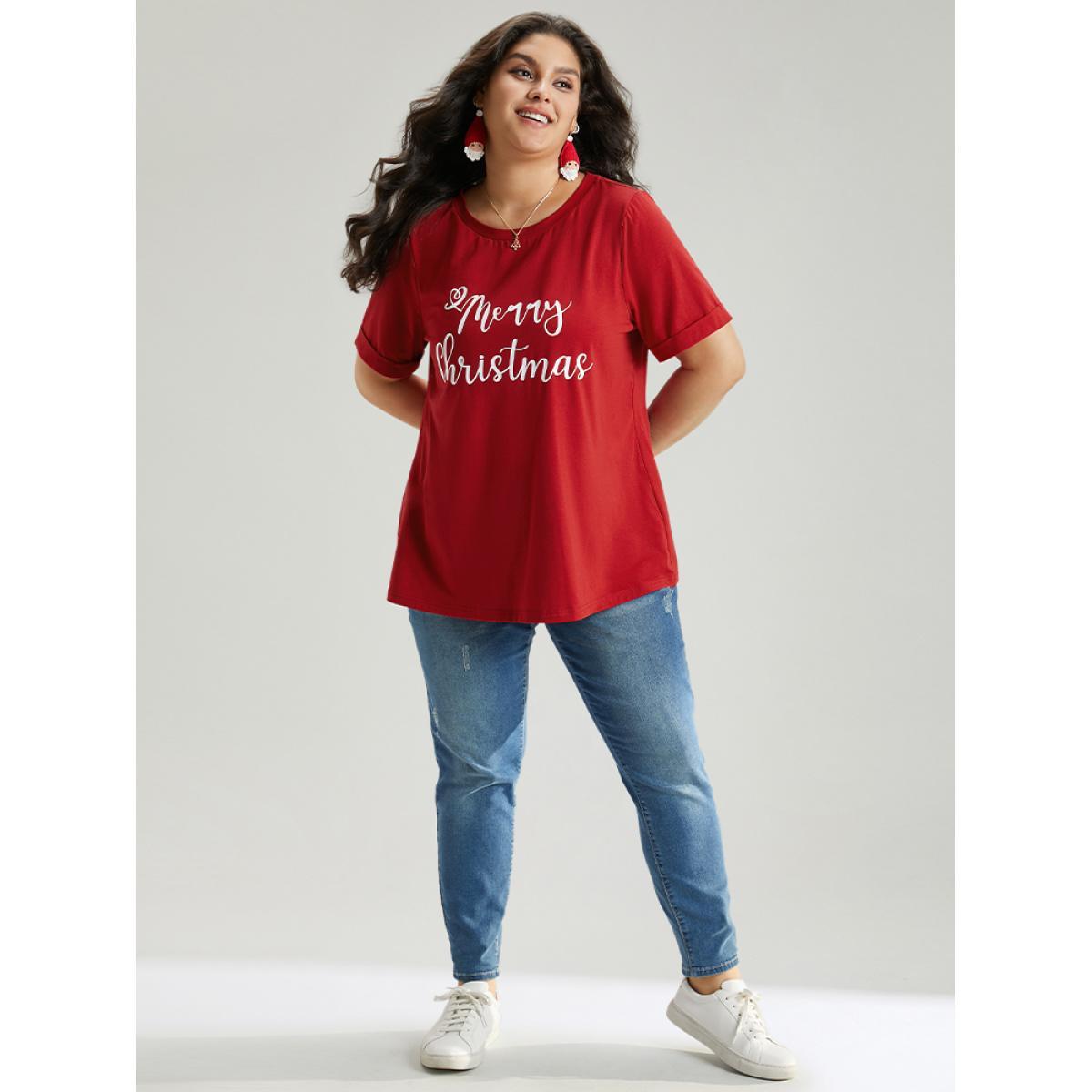 Plus Size Christmas Print Round Neck T-shirt Red Women Casual Printed Christmas Festival-Christmas T-shirts BloomChic 22-24/3X Product Image