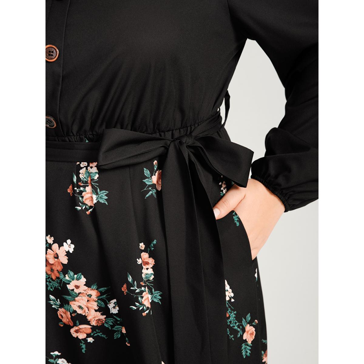 Plus Size Floral Lantern Sleeve Pocket Belted Wrap Flutter Dress Black Women Elegant Belted V-neck Long Sleeve Curvy Midi Dress BloomChic 14-16/1X Product Image