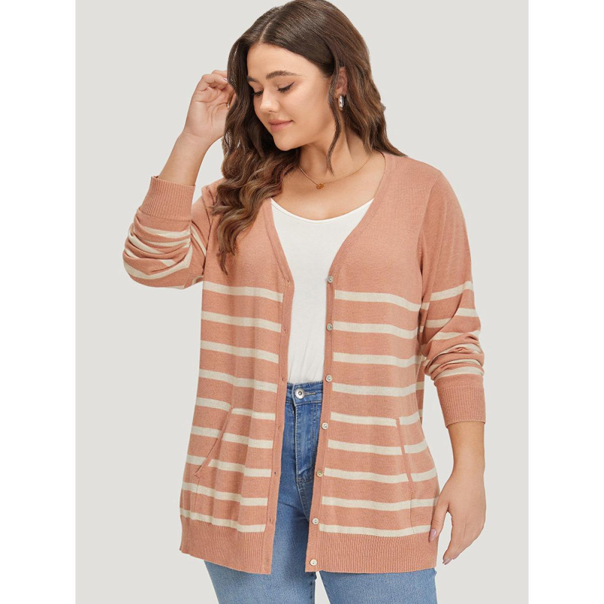 Plus Size Supersoft Essentials Striped Pocket Button Through Cardigan Crepe Women Casual Loose Long Sleeve Dailywear Cardigans BloomChic 10/M Product Image
