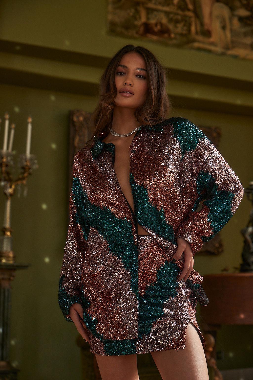 Genevieve Emerald Multi Sequin Button Up Product Image