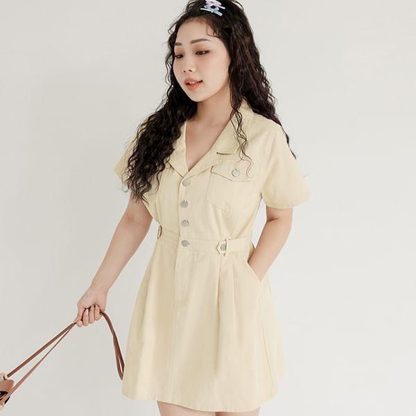 Short Sleeve V-Neck Plain Slim-Fit Cargo Mini A-Line Dress Product Image