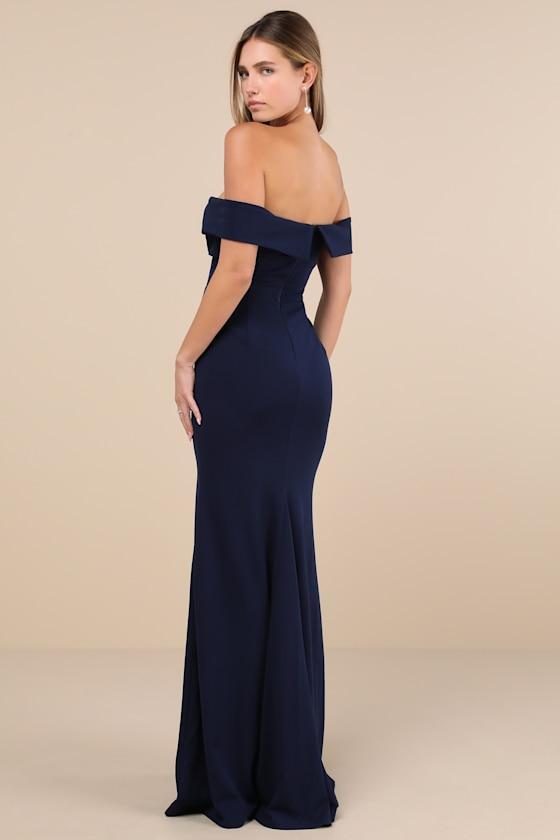 Elegant Perception Navy Blue Off-the-Shoulder Bow Maxi Dress Product Image