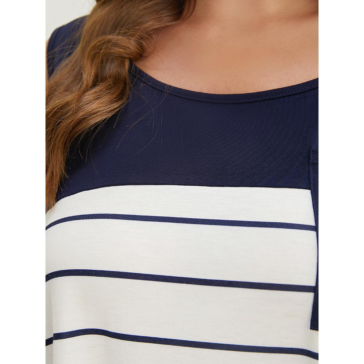 Plus Size Striped Patchwork Pocket Tank Top Women Navy Casual Round Neck Dailywear Tank Tops Camis BloomChic 28/5X Product Image