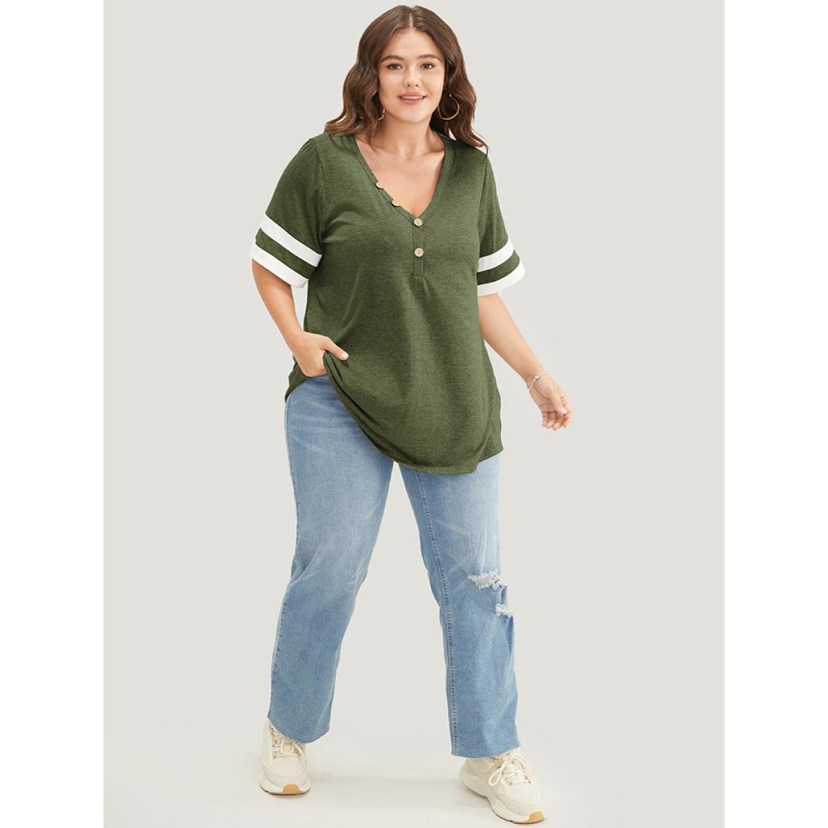 Plus Size Striped Contrast V Neck Button Detail T-shirt ArmyGreen Women Casual Contrast Plain V-neck Dailywear T-shirts BloomChic 12/L Product Image