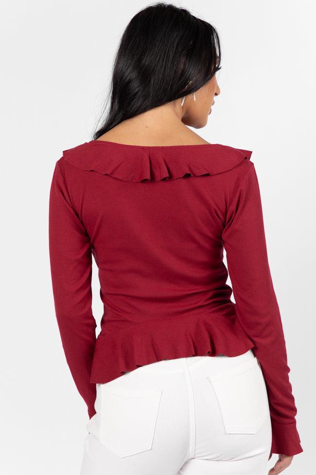 Treat You The Same Wine Ruffle Detail Ribbed Blouse FINAL SALE Product Image