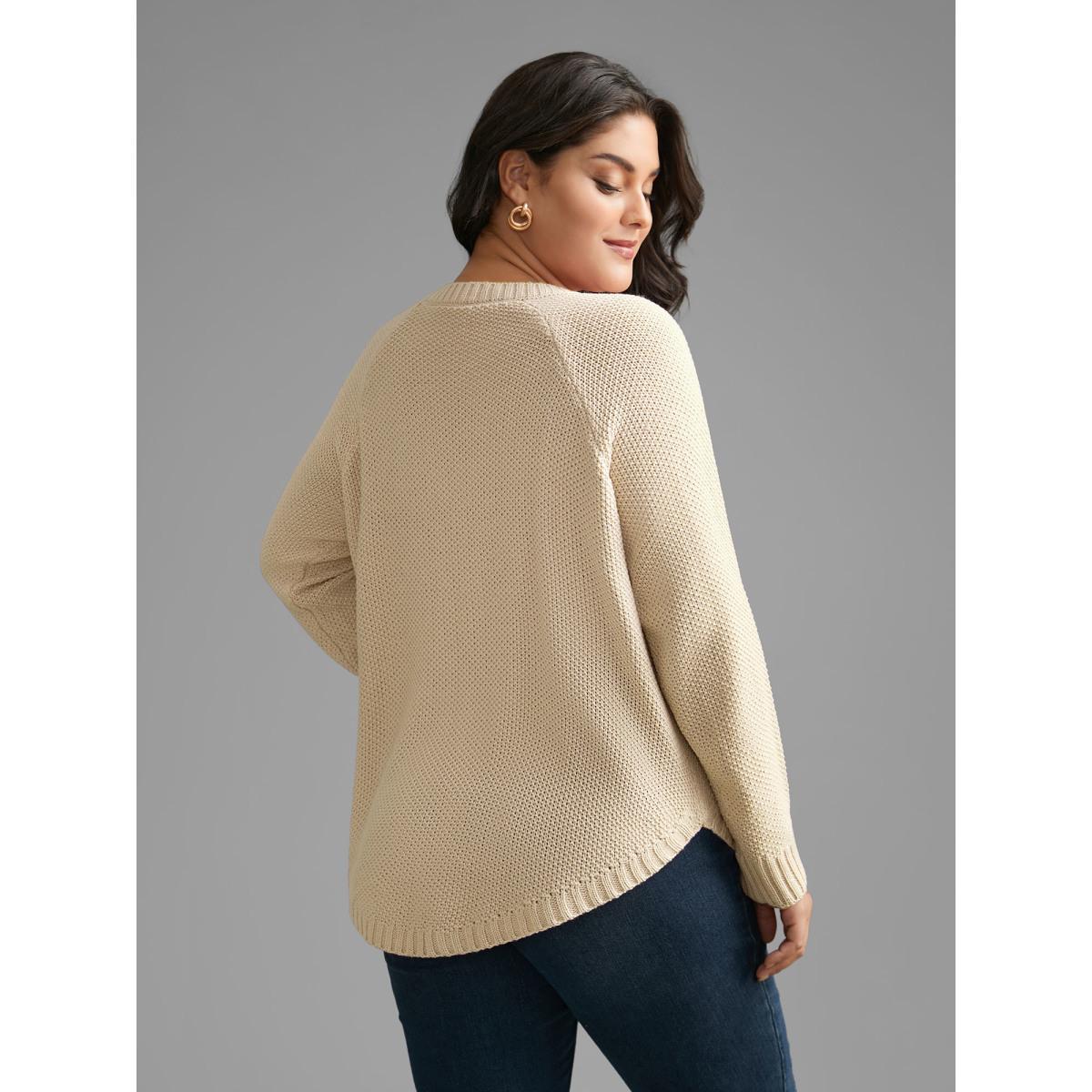 Plus Size Plain Textured Button Detail Curved Hem Pullover Ivory Women Casual Loose Long Sleeve Round Neck Everyday Pullovers BloomChic 10/M Product Image